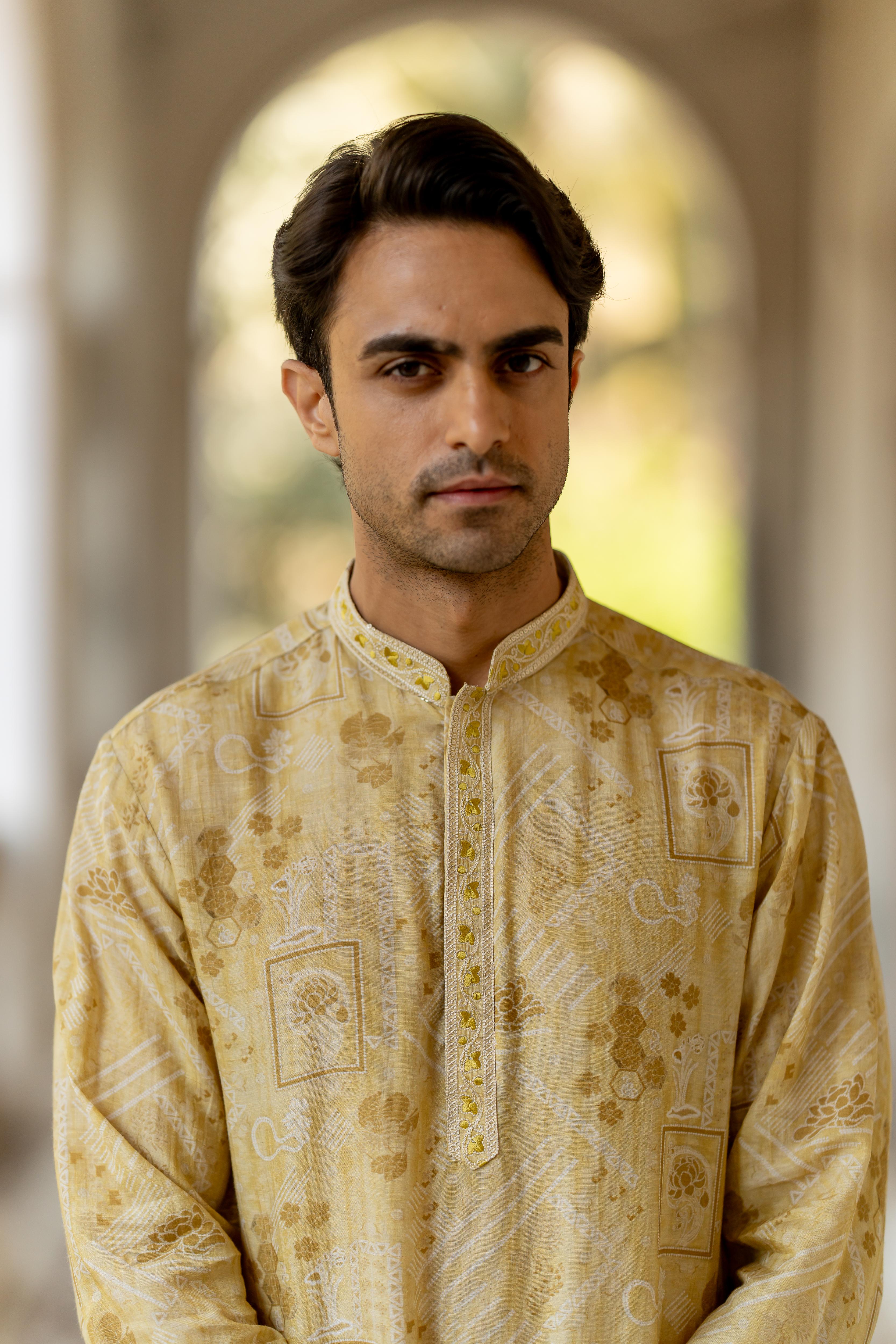 Mustard & Off White Digital Printed Kurta with Off White Pants