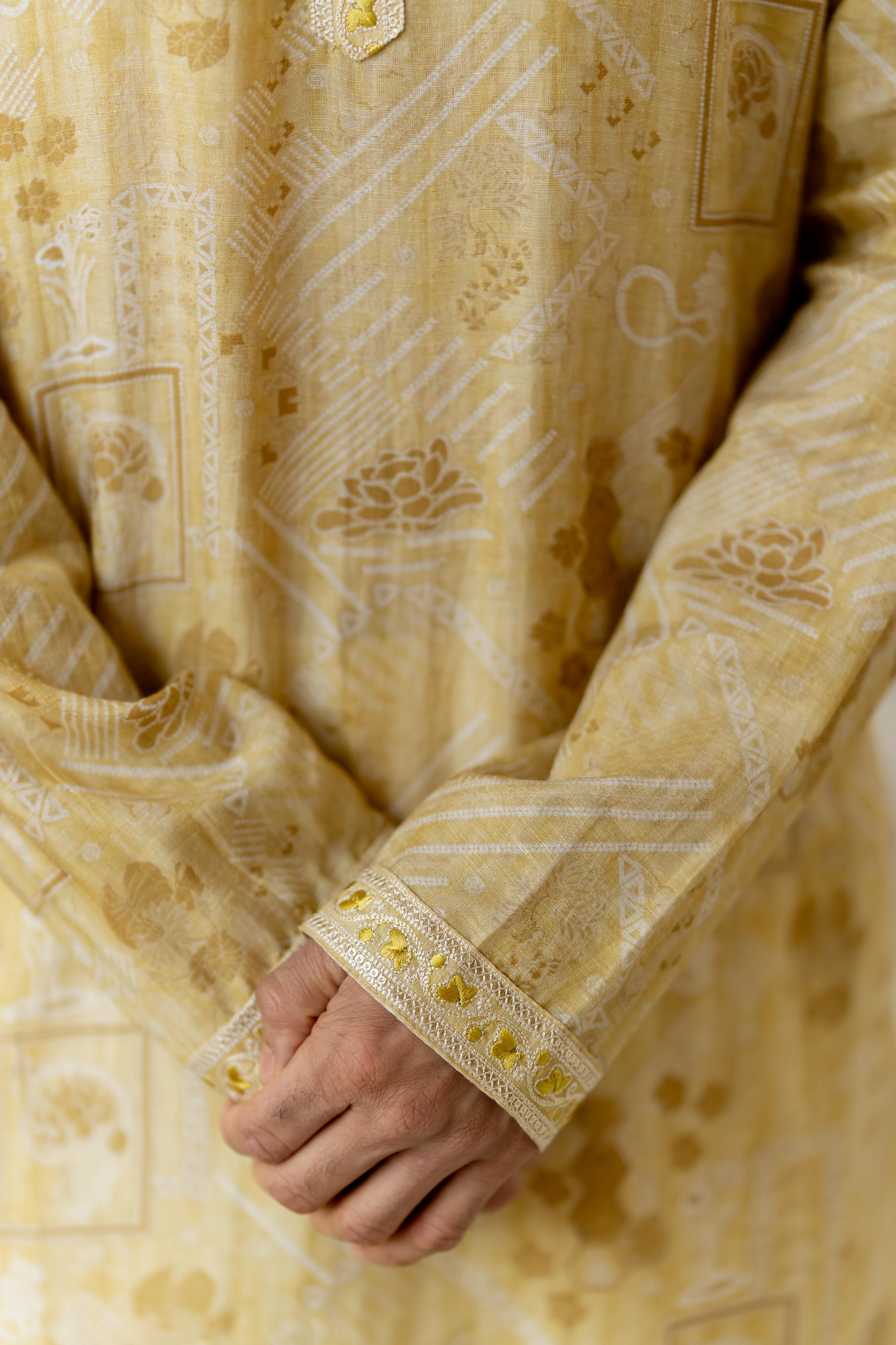 Mustard & Off White Digital Printed Kurta with Off White Pants
