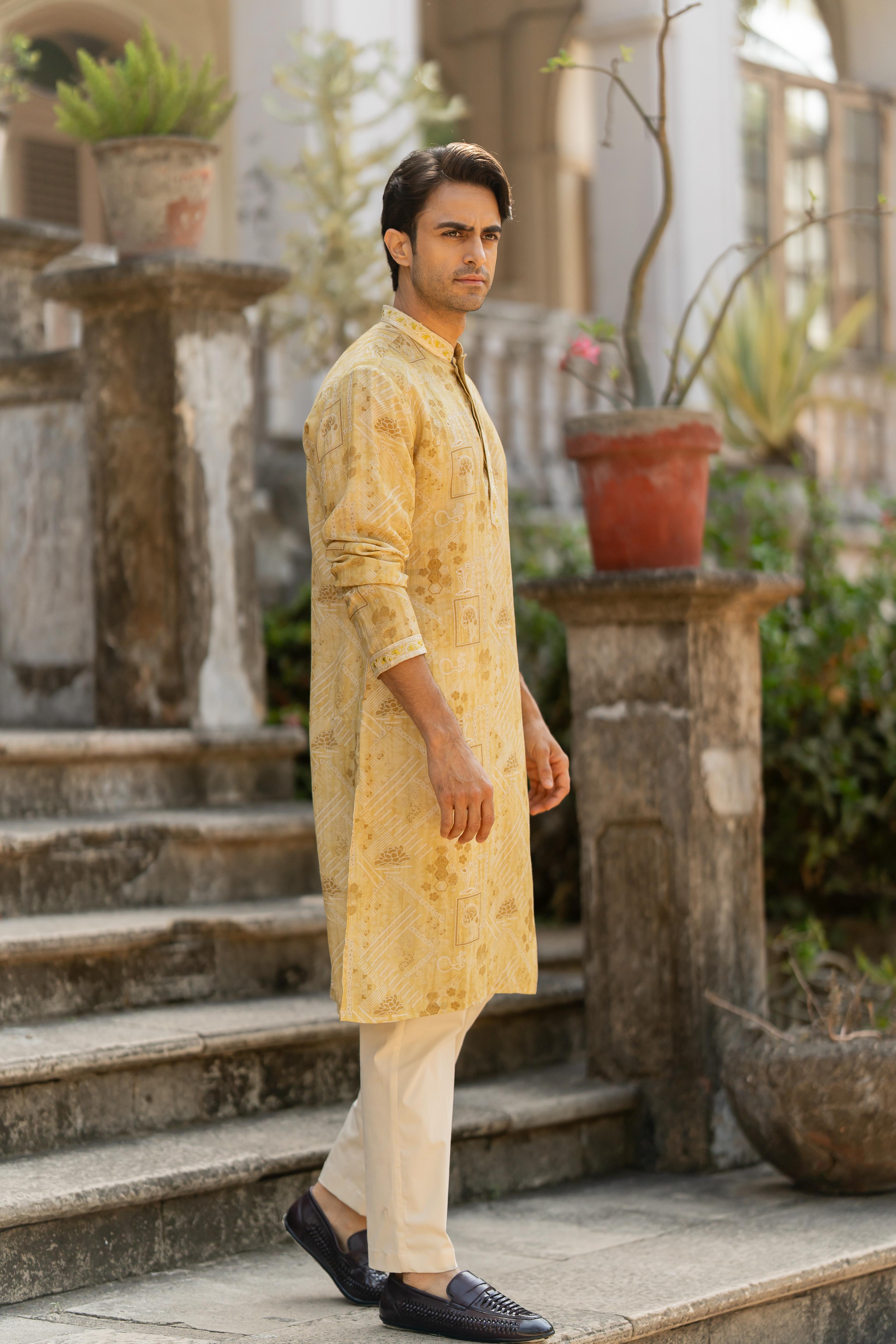 Mustard & Off White Digital Printed Kurta with Off White Pants