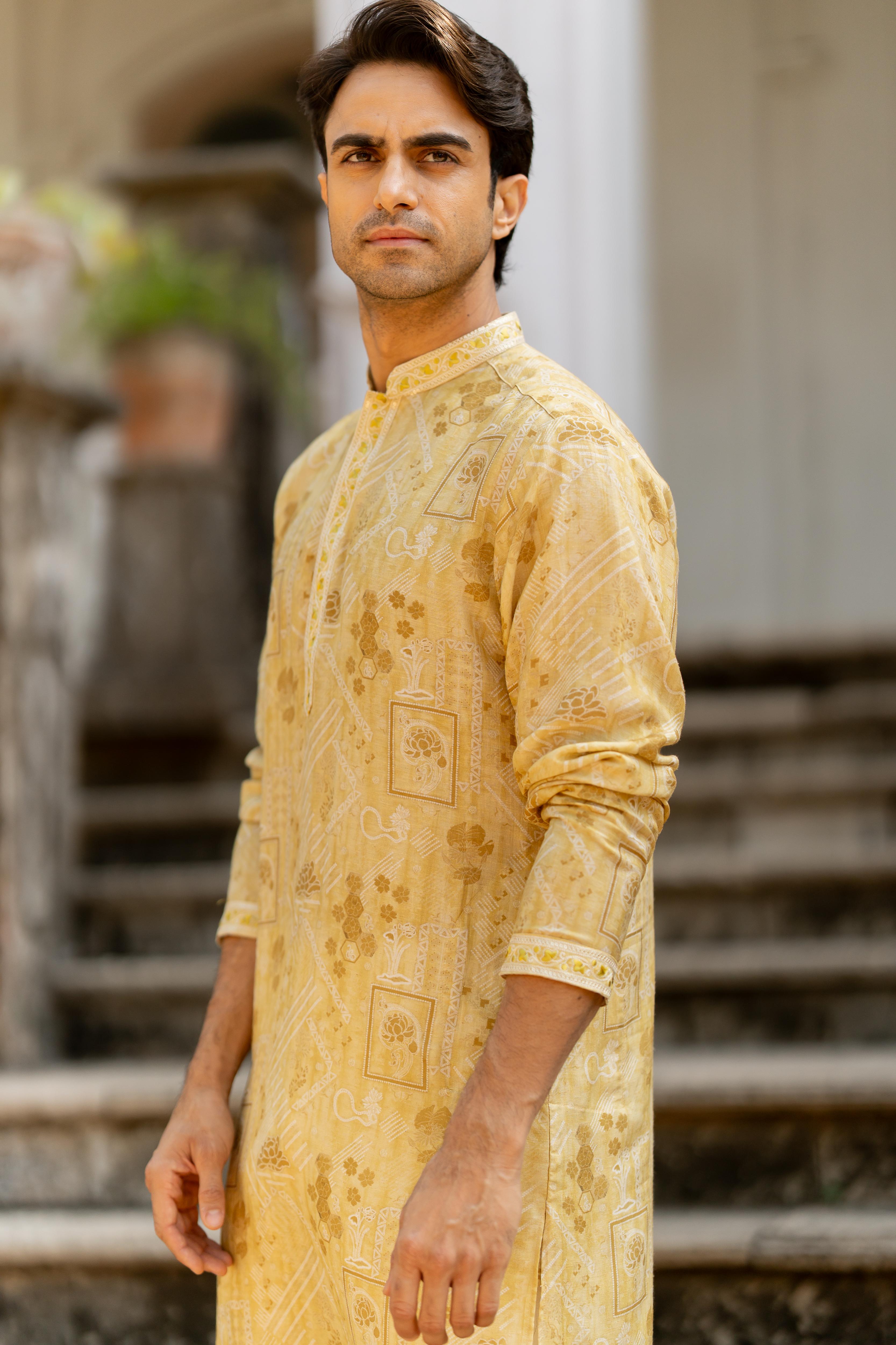 Mustard & Off White Digital Printed Kurta with Off White Pants