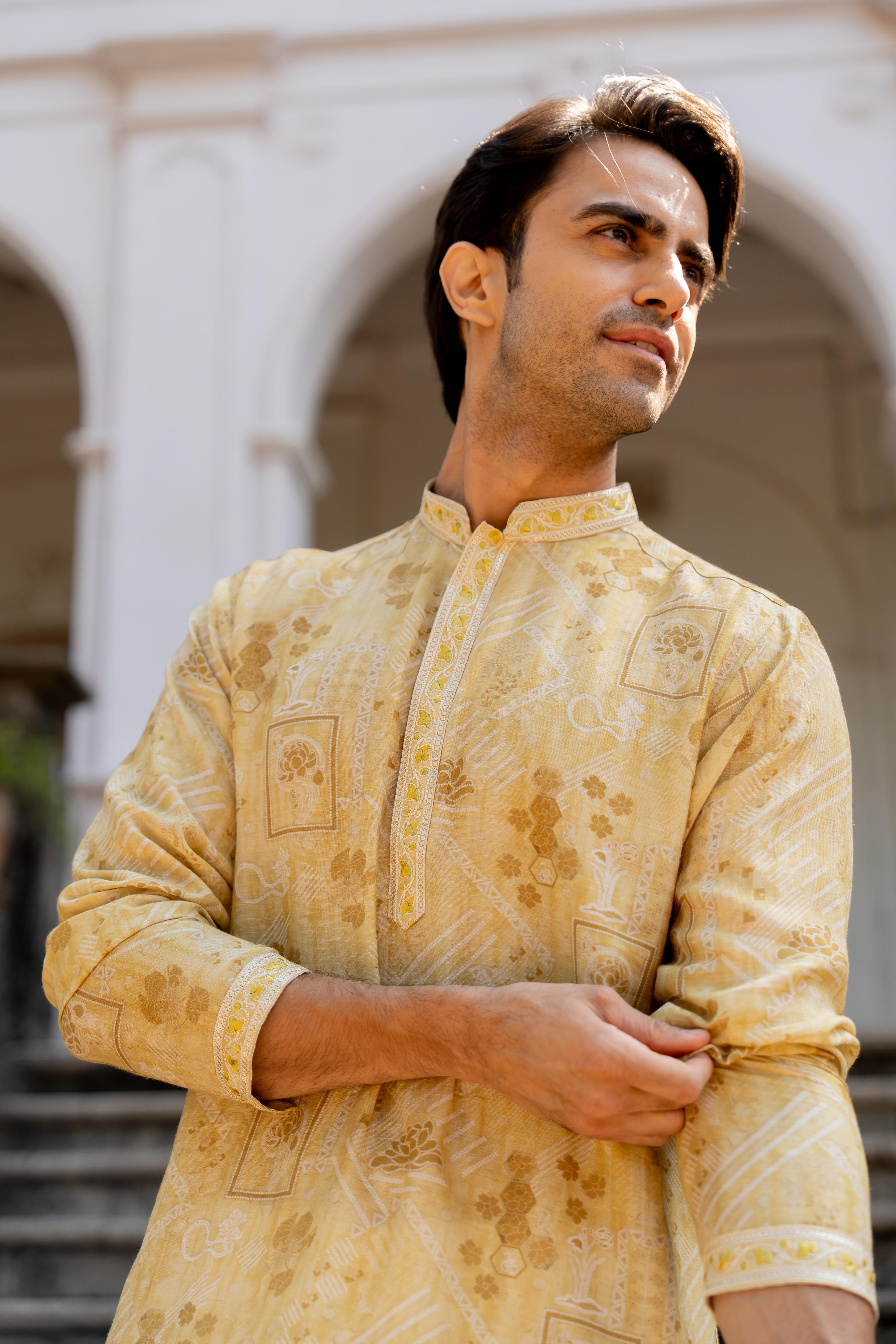 Mustard & Off White Digital Printed Kurta with Off White Pants