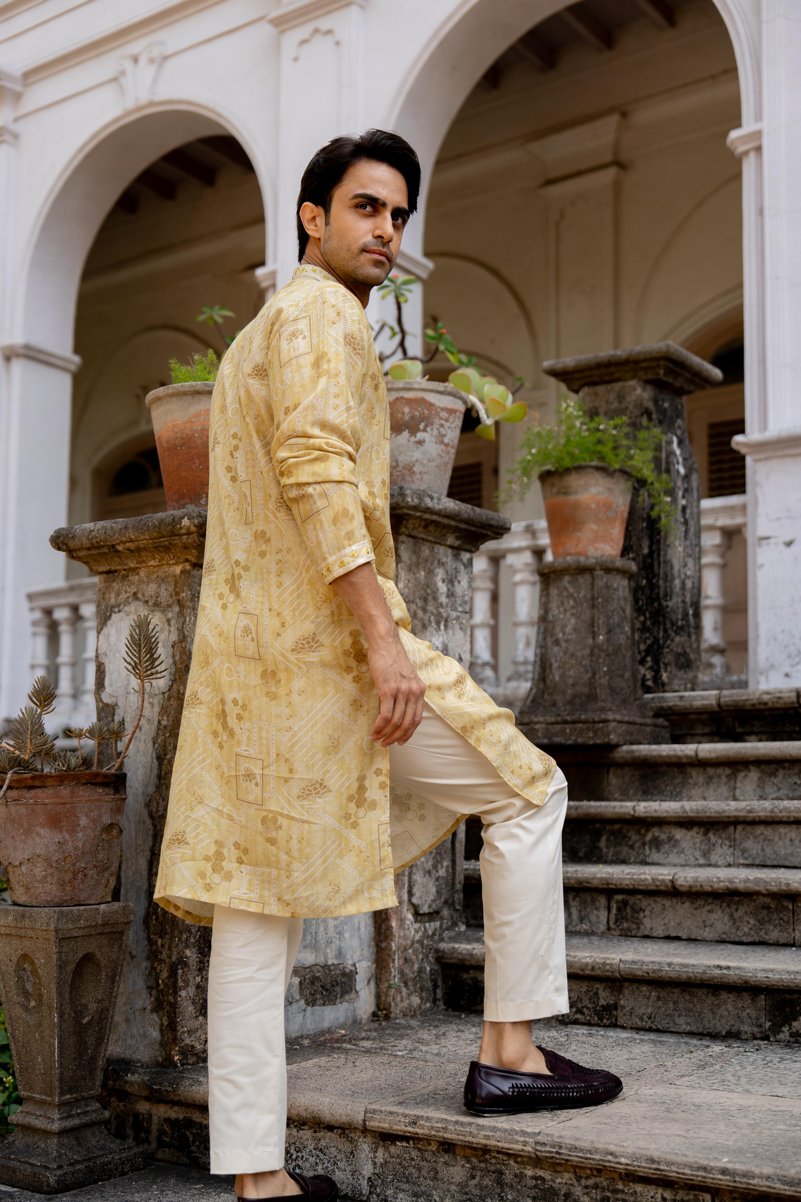 Mustard & Off White Digital Printed Kurta with Off White Pants