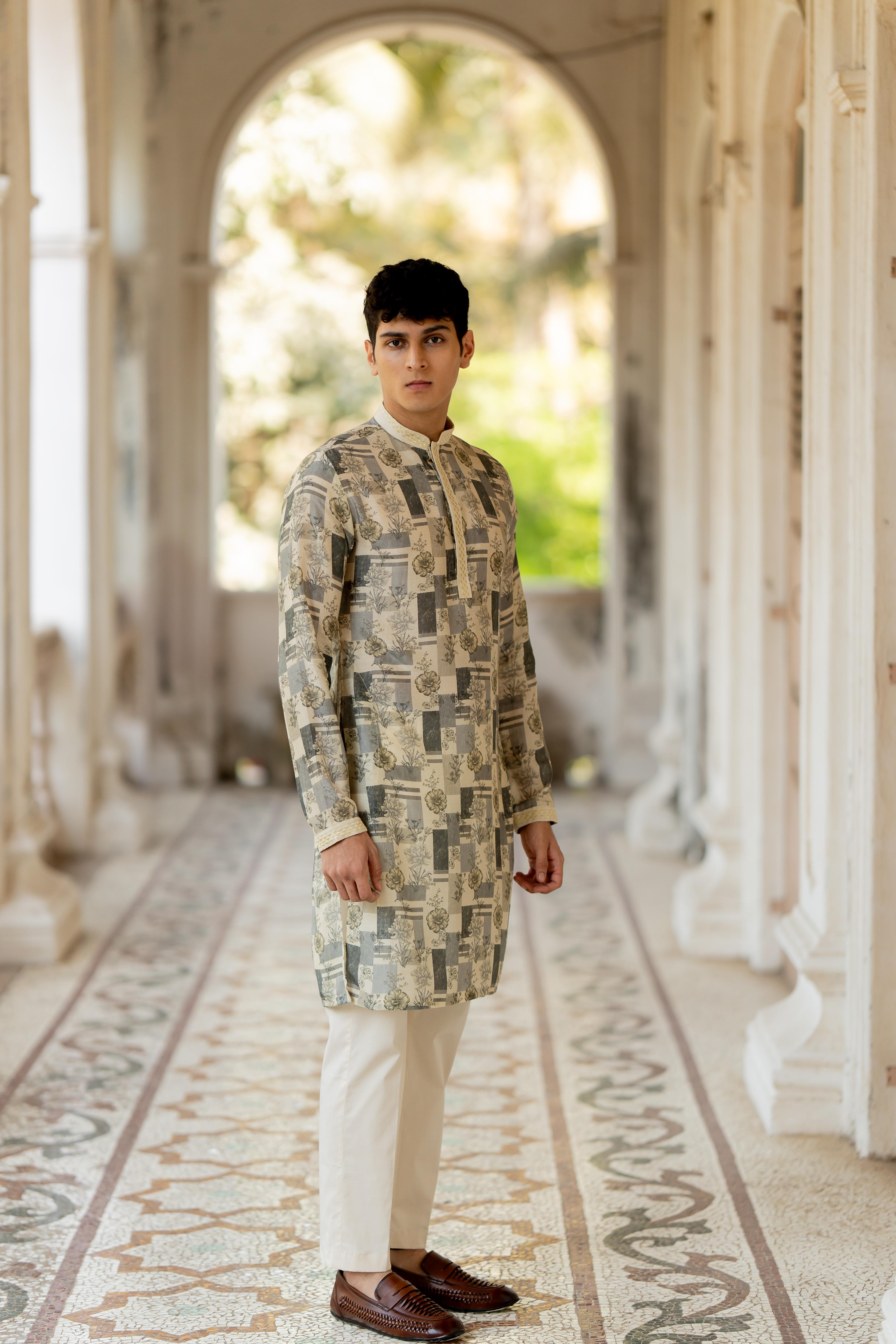 Grey & Beige Digital Printed Kurta with Off White Pants