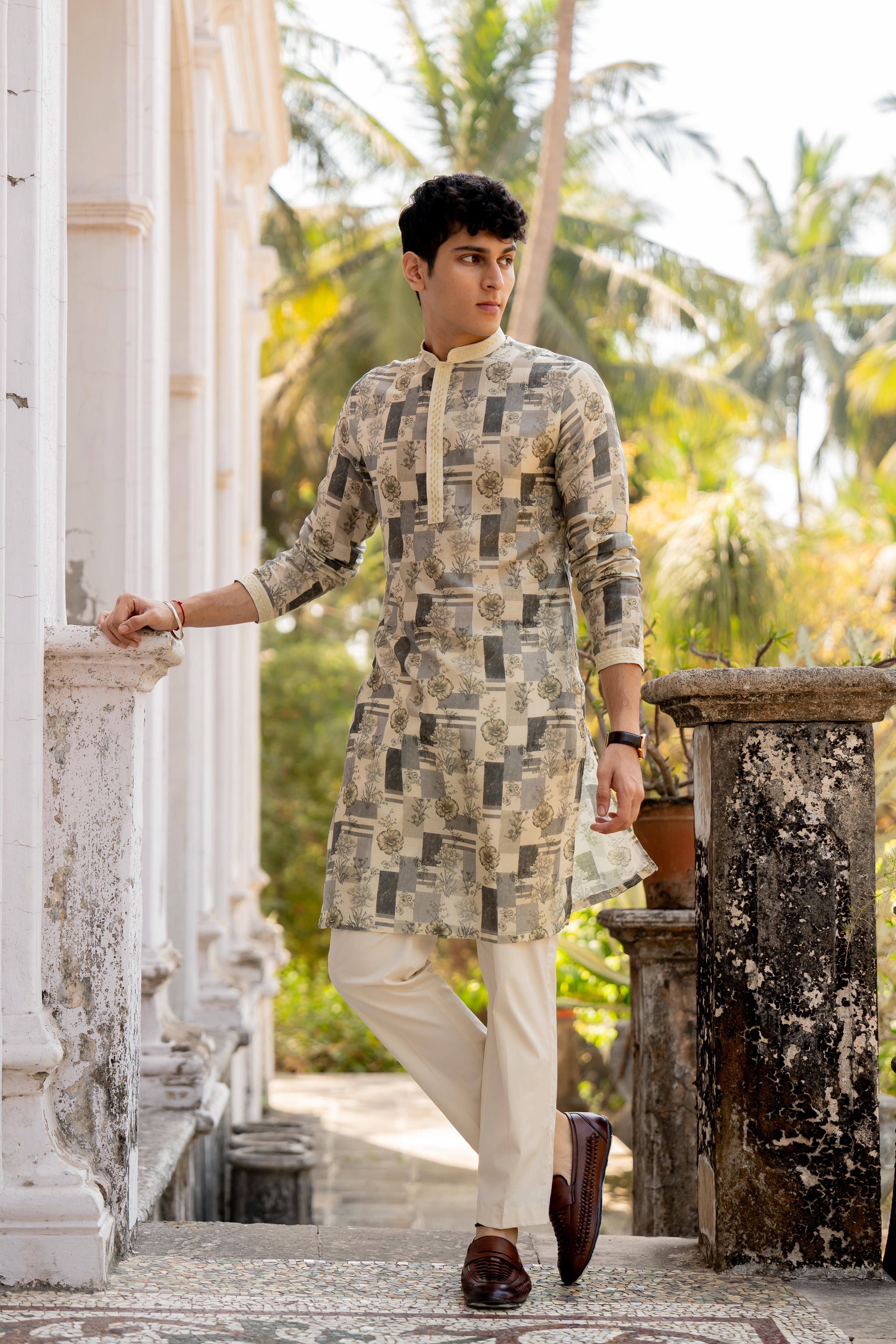Grey & Beige Digital Printed Kurta with Off White Pants