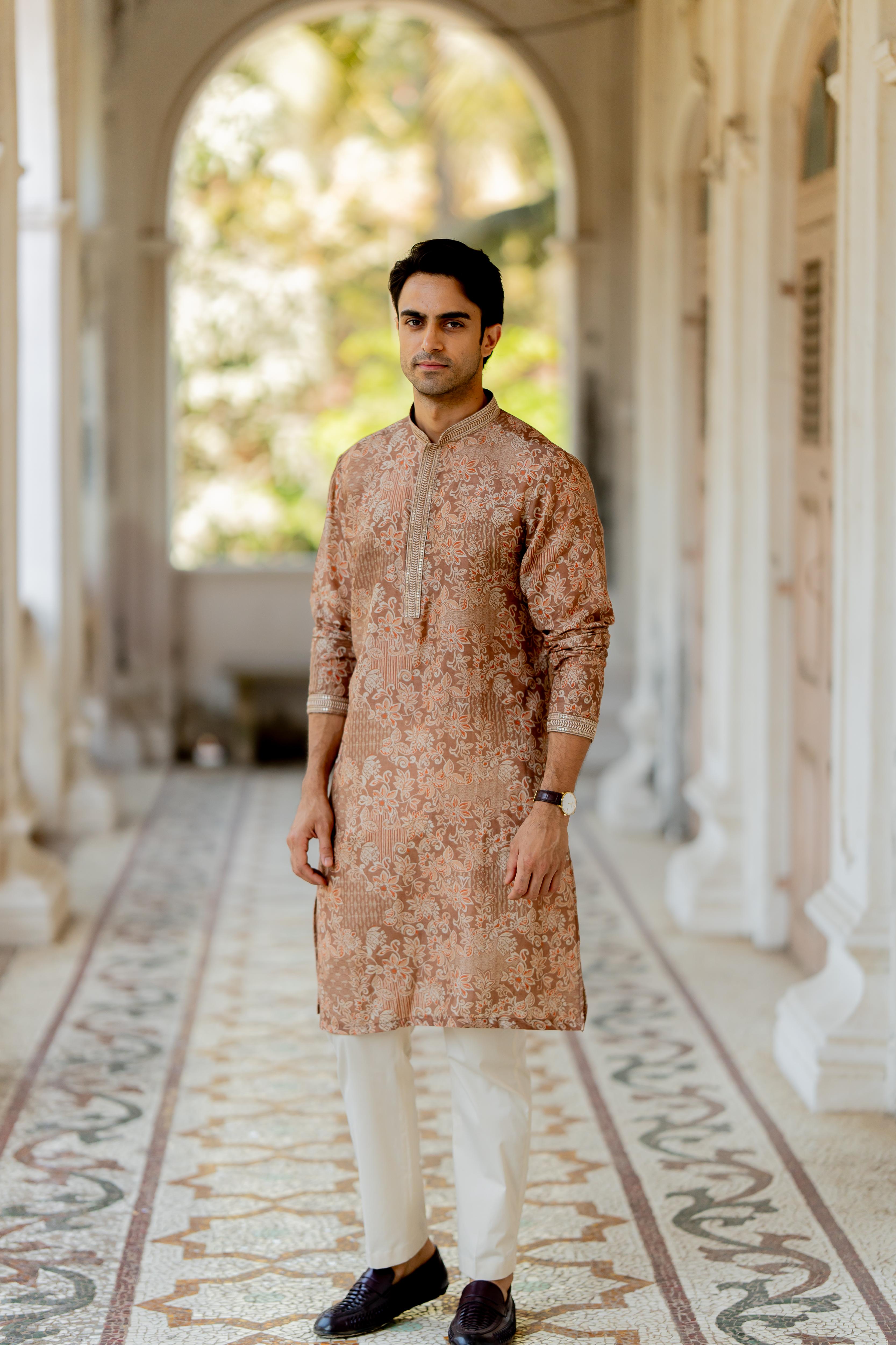 Soft Brown & Off White Digital Printed Kurta with Off White Pants