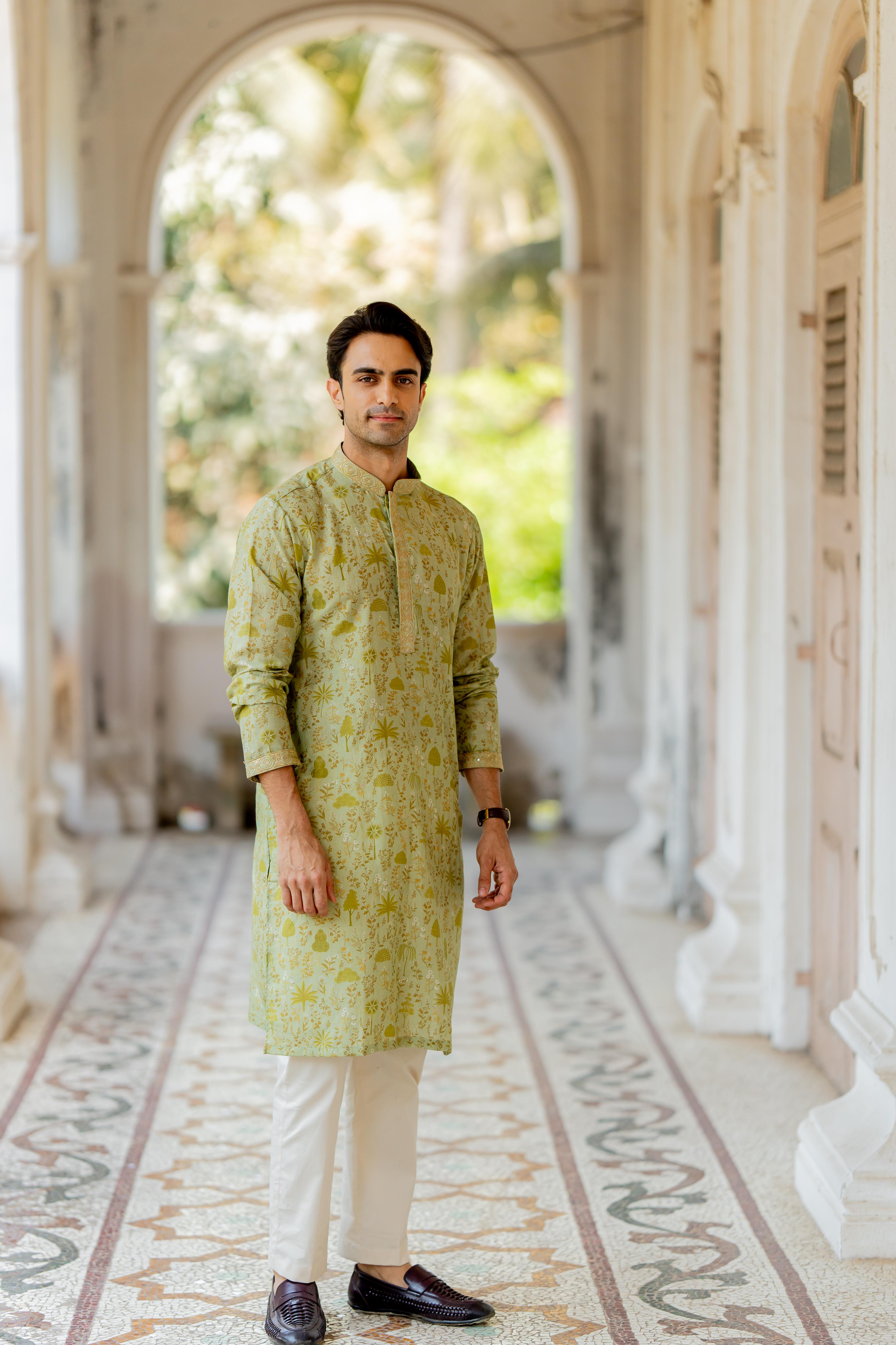 Olive Green Digital Printed Kurta with Off White Pants