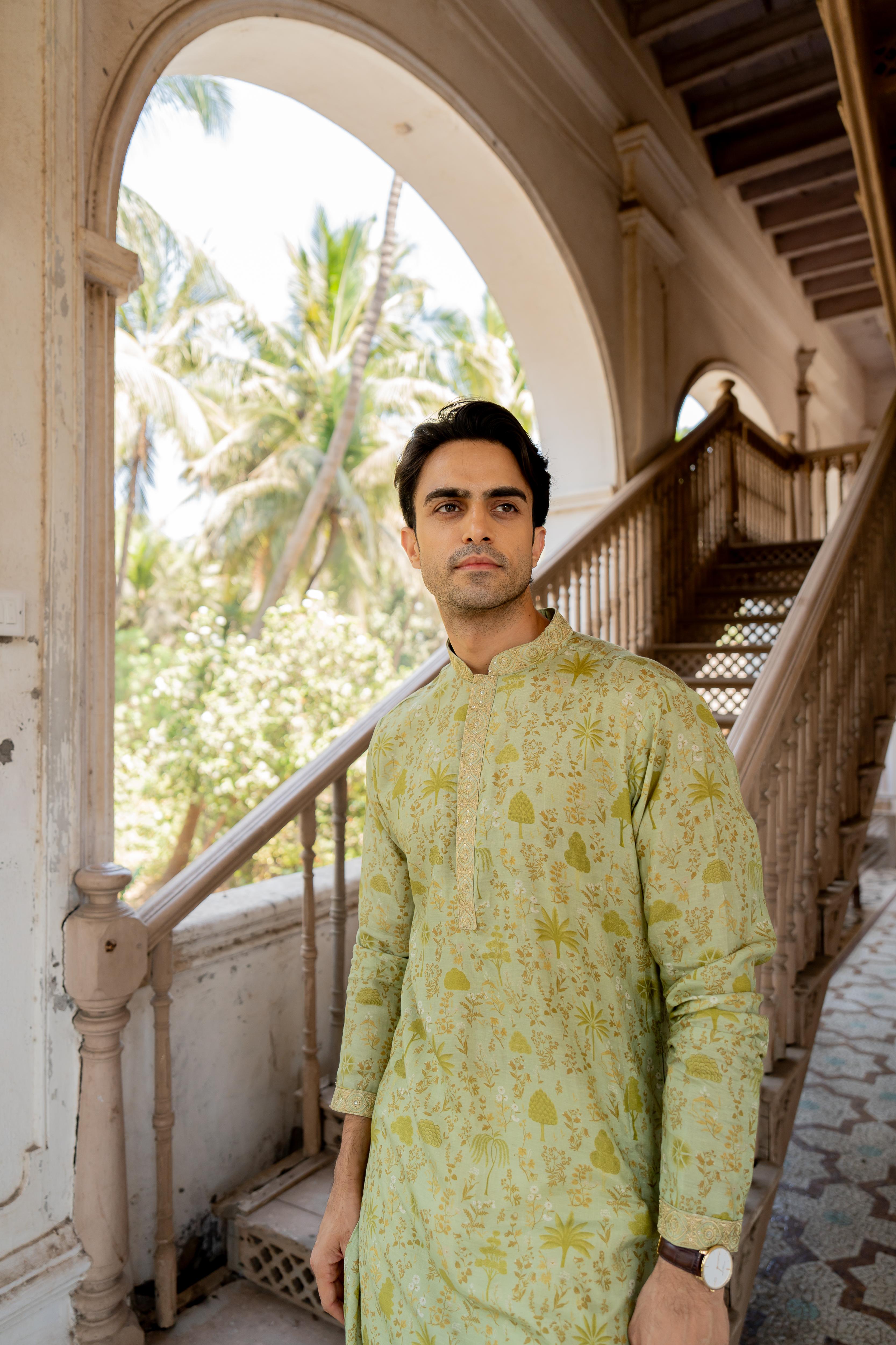 Olive Green Digital Printed Kurta with Off White Pants