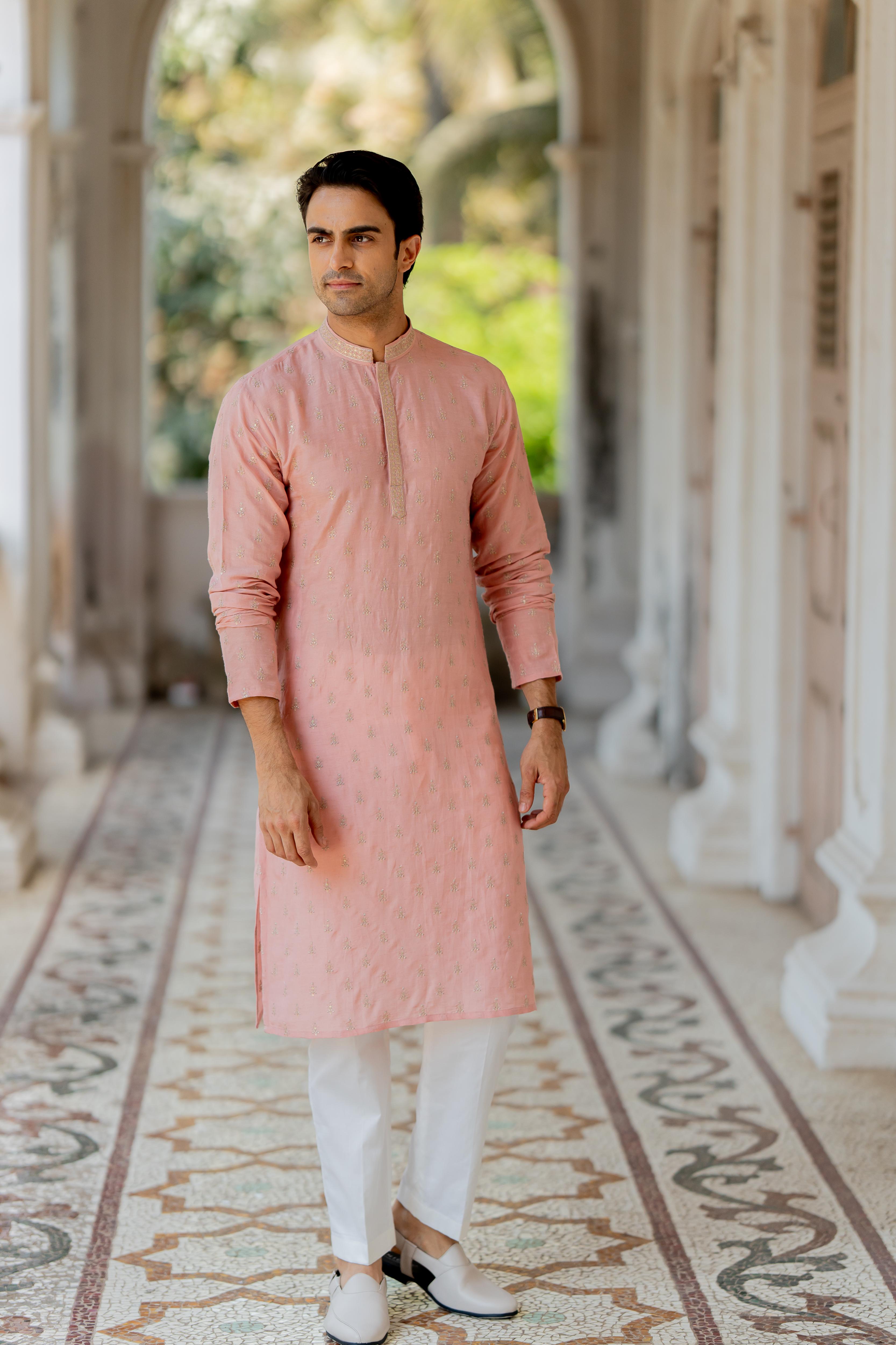 Dusty Pink Embroidered Kurta with Off White Pants