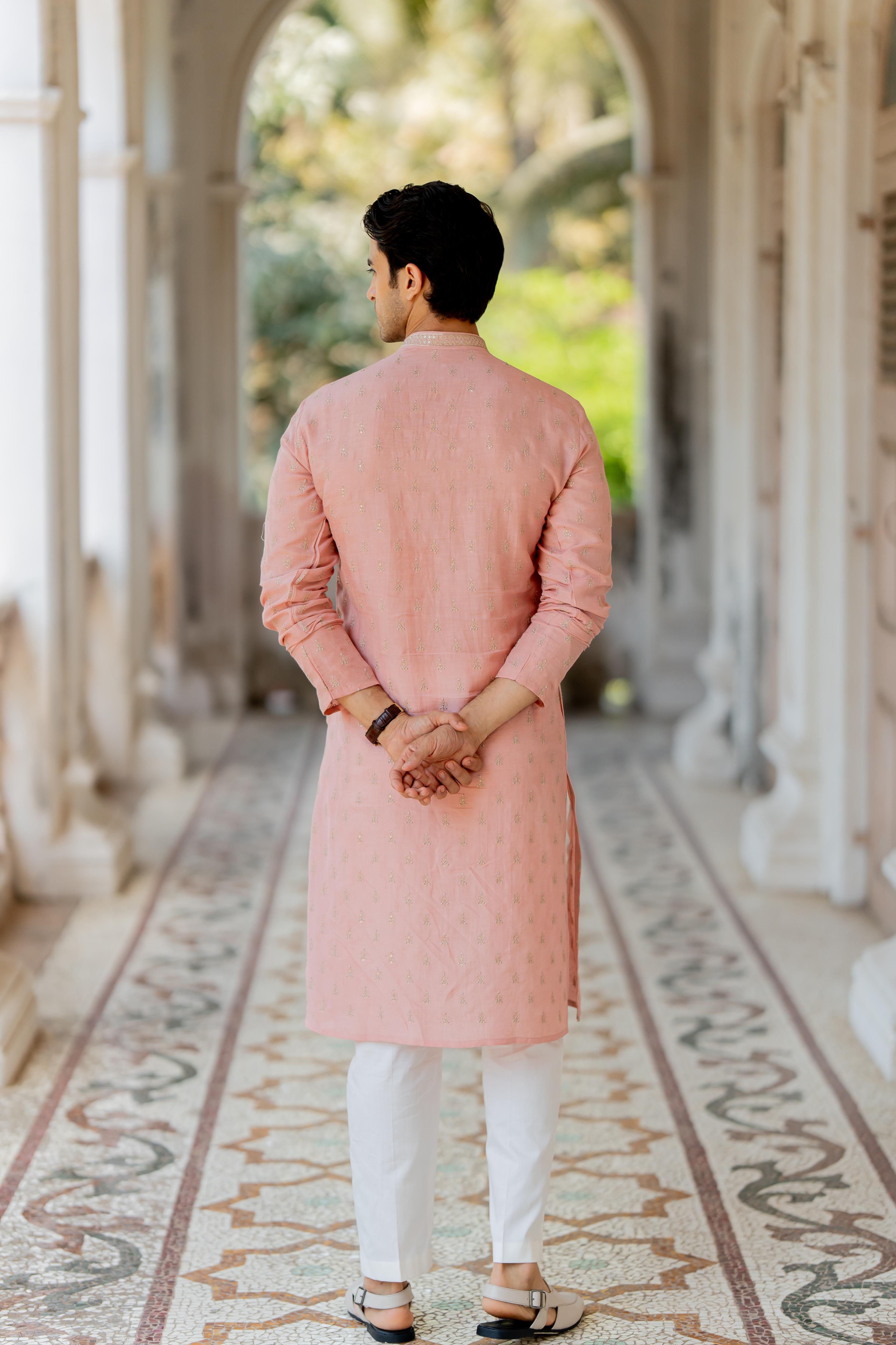 Dusty Pink Embroidered Kurta with Off White Pants