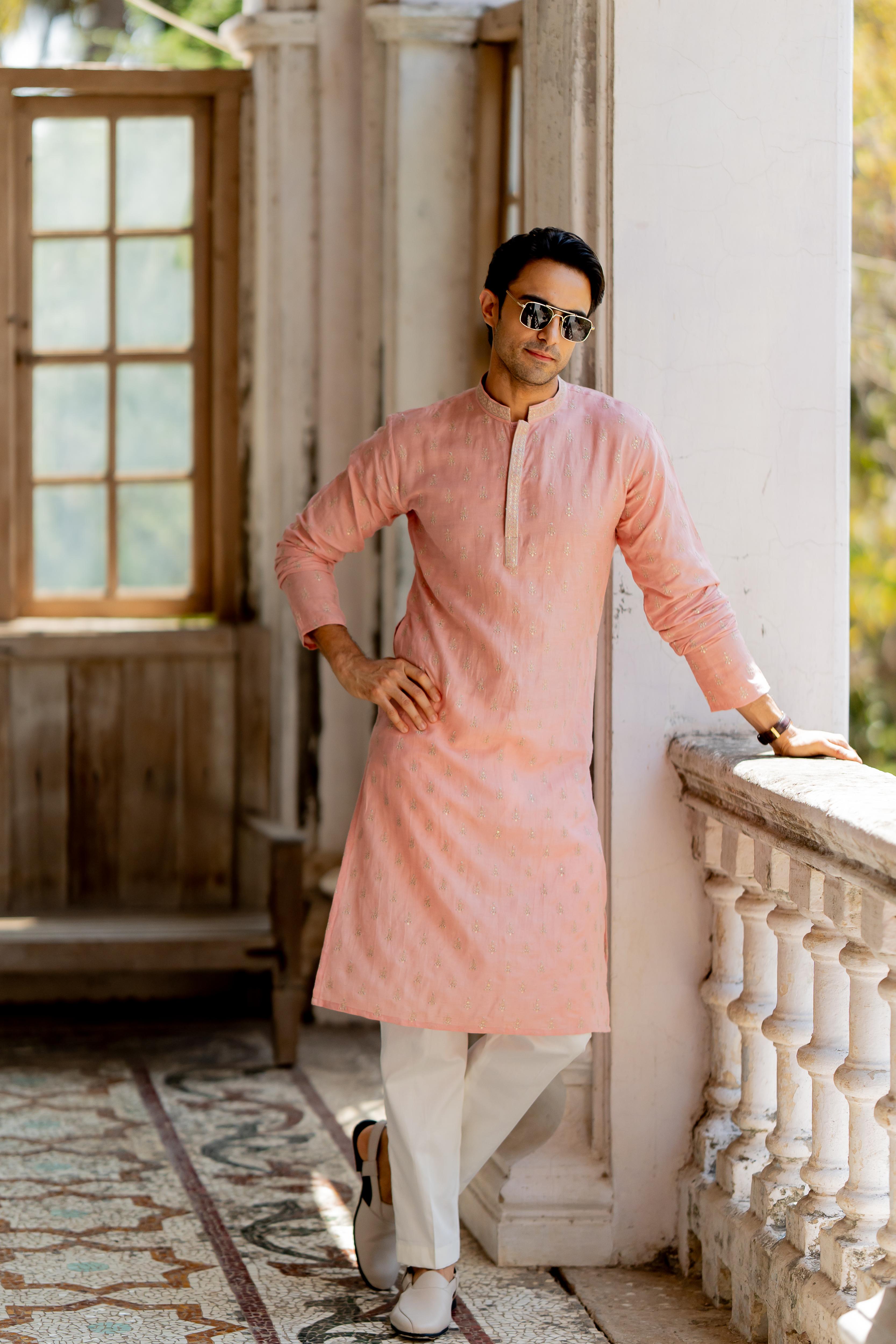 Dusty Pink Embroidered Kurta with Off White Pants