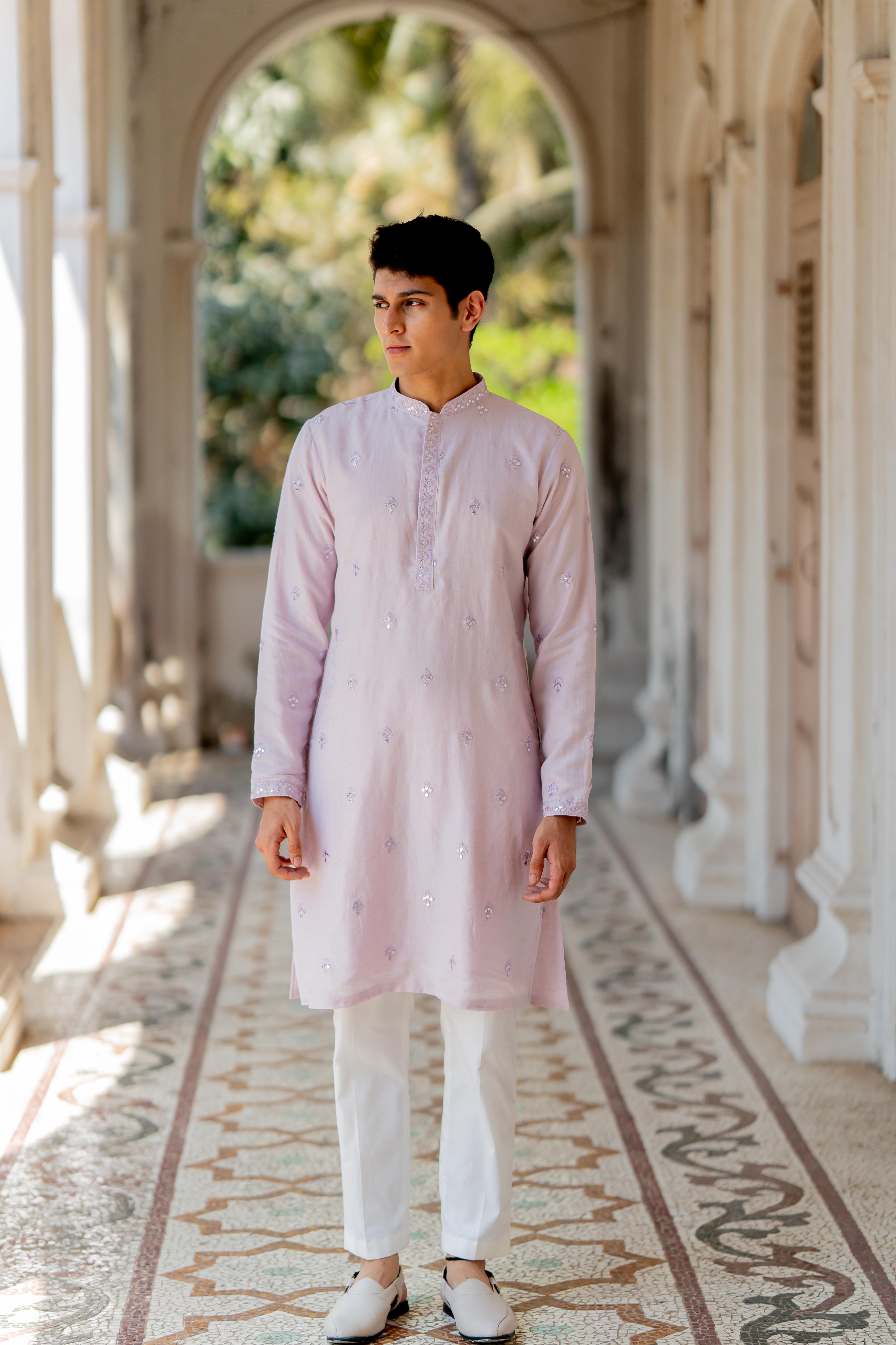 Lilac Embroidered Kurta with Off White Pants