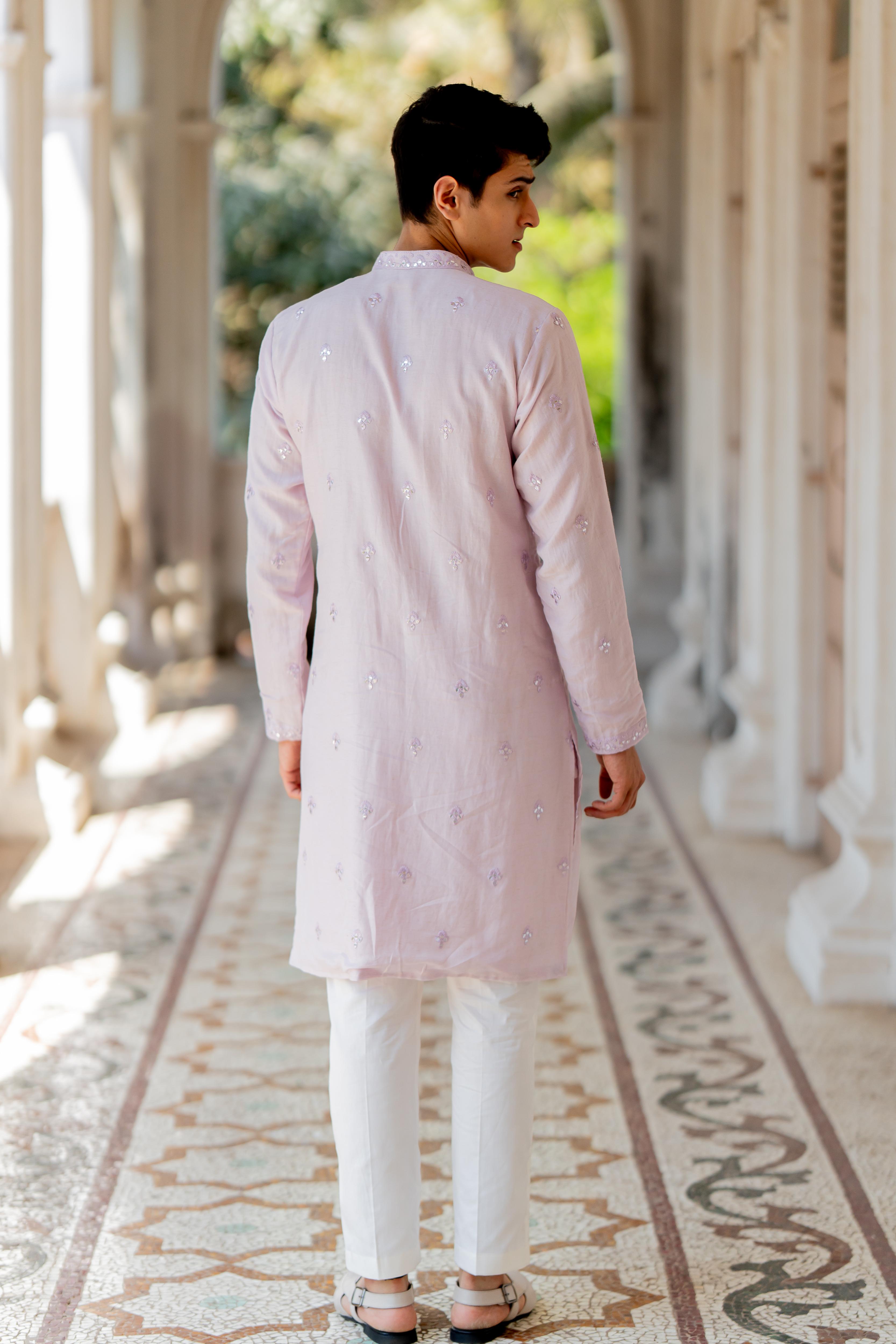 Lilac Embroidered Kurta with Off White Pants
