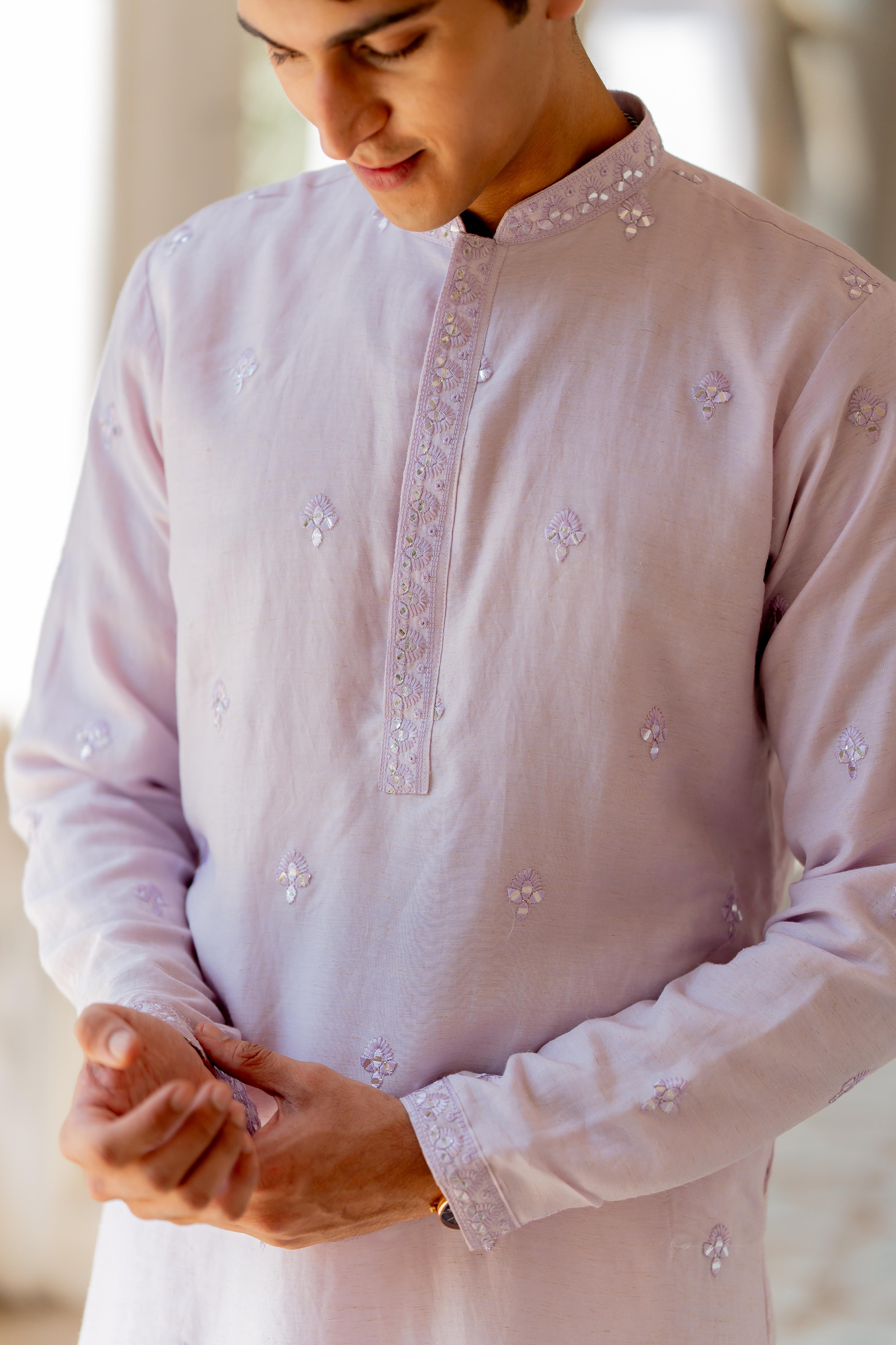 Lilac Embroidered Kurta with Off White Pants
