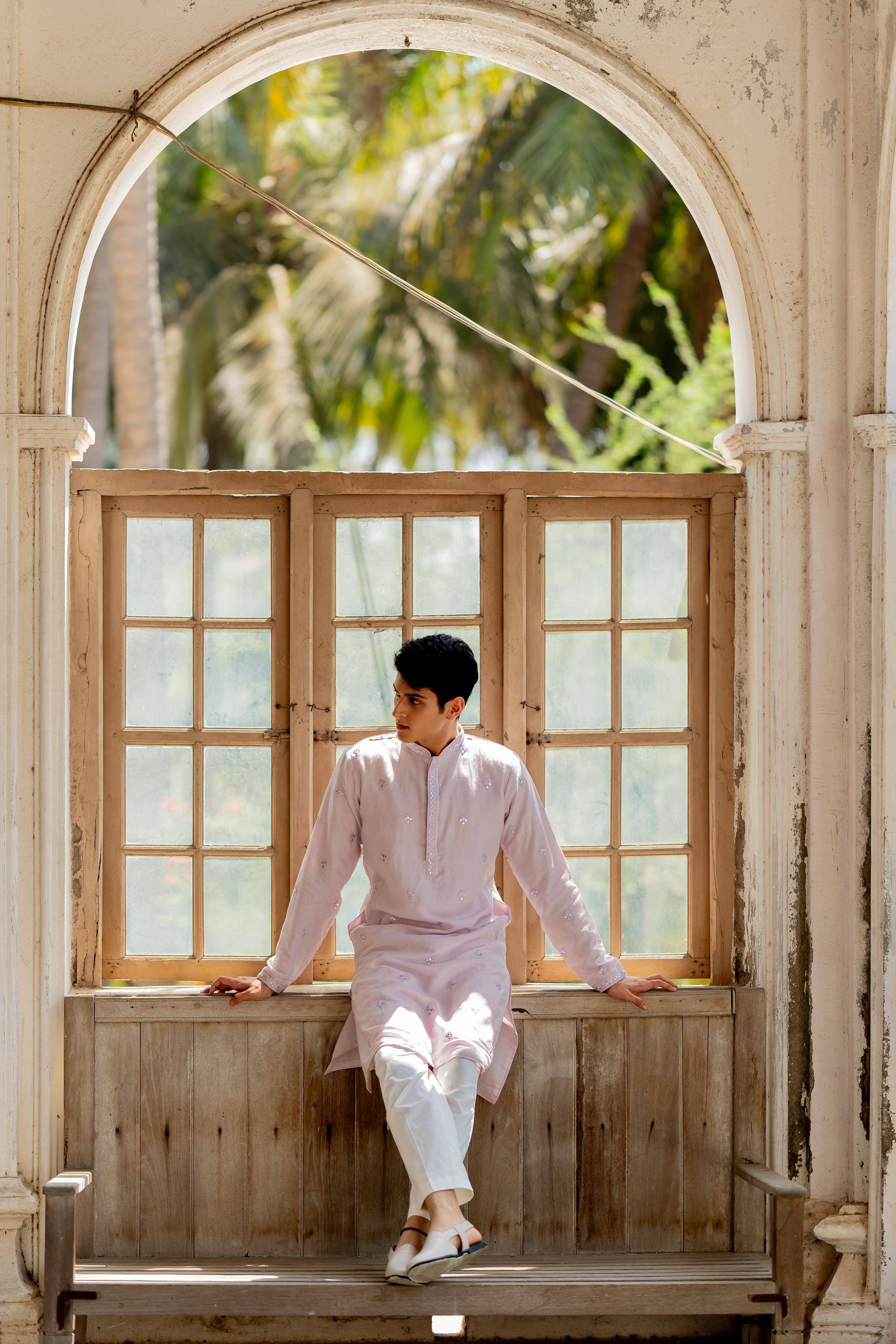 Lilac Embroidered Kurta with Off White Pants