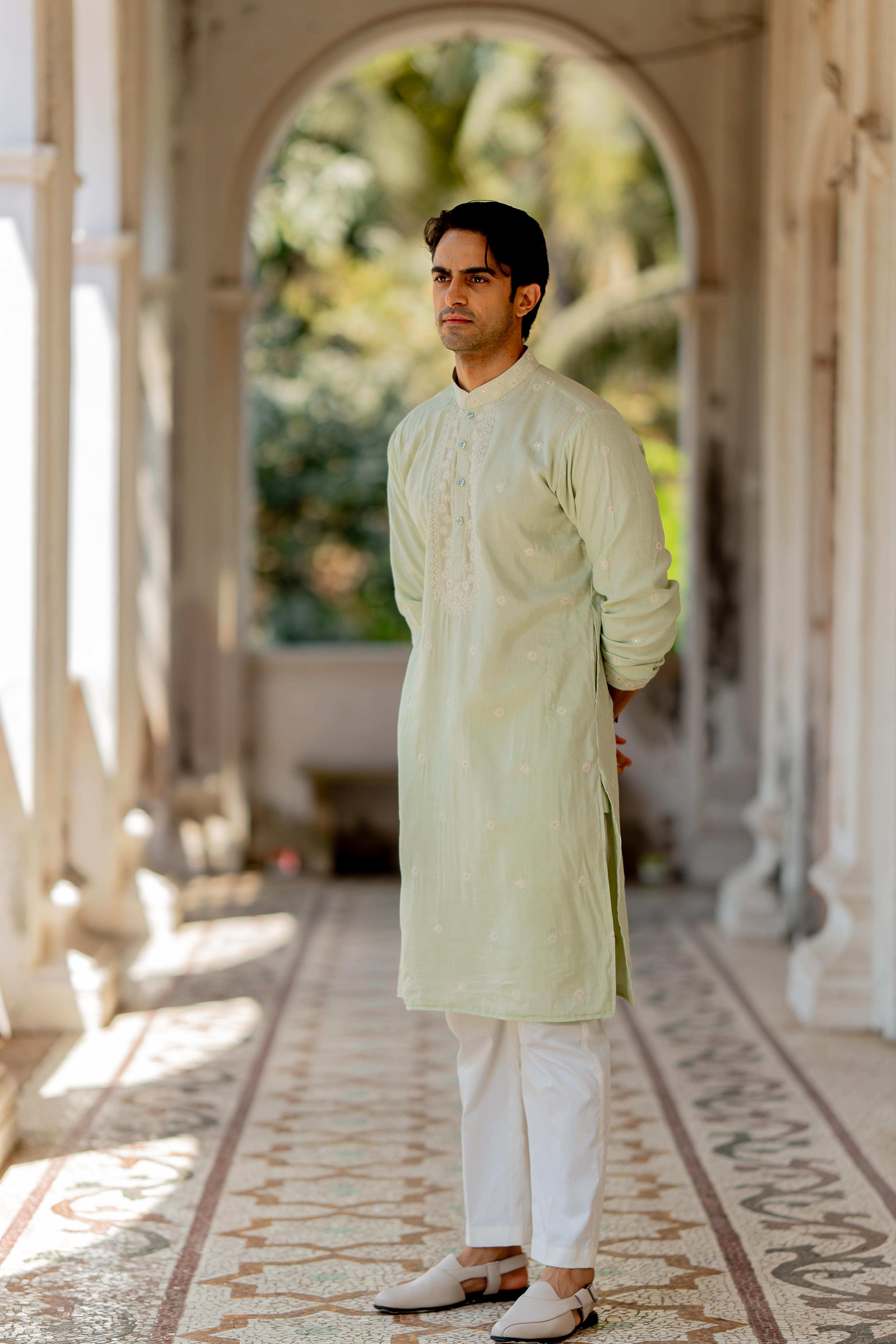 Pista Green Embroidered Kurta with Off White Pants