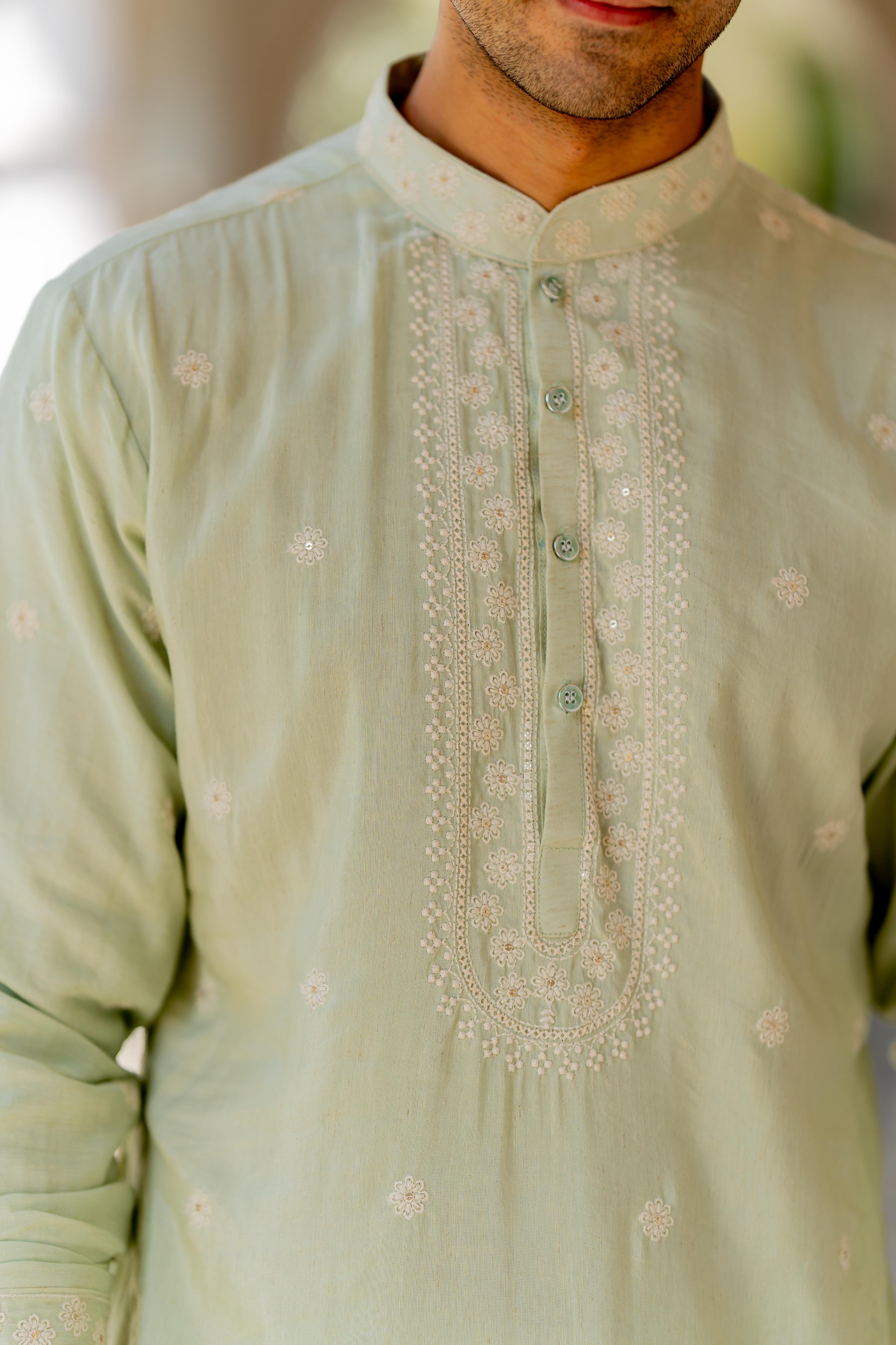 Pista Green Embroidered Kurta with Off White Pants