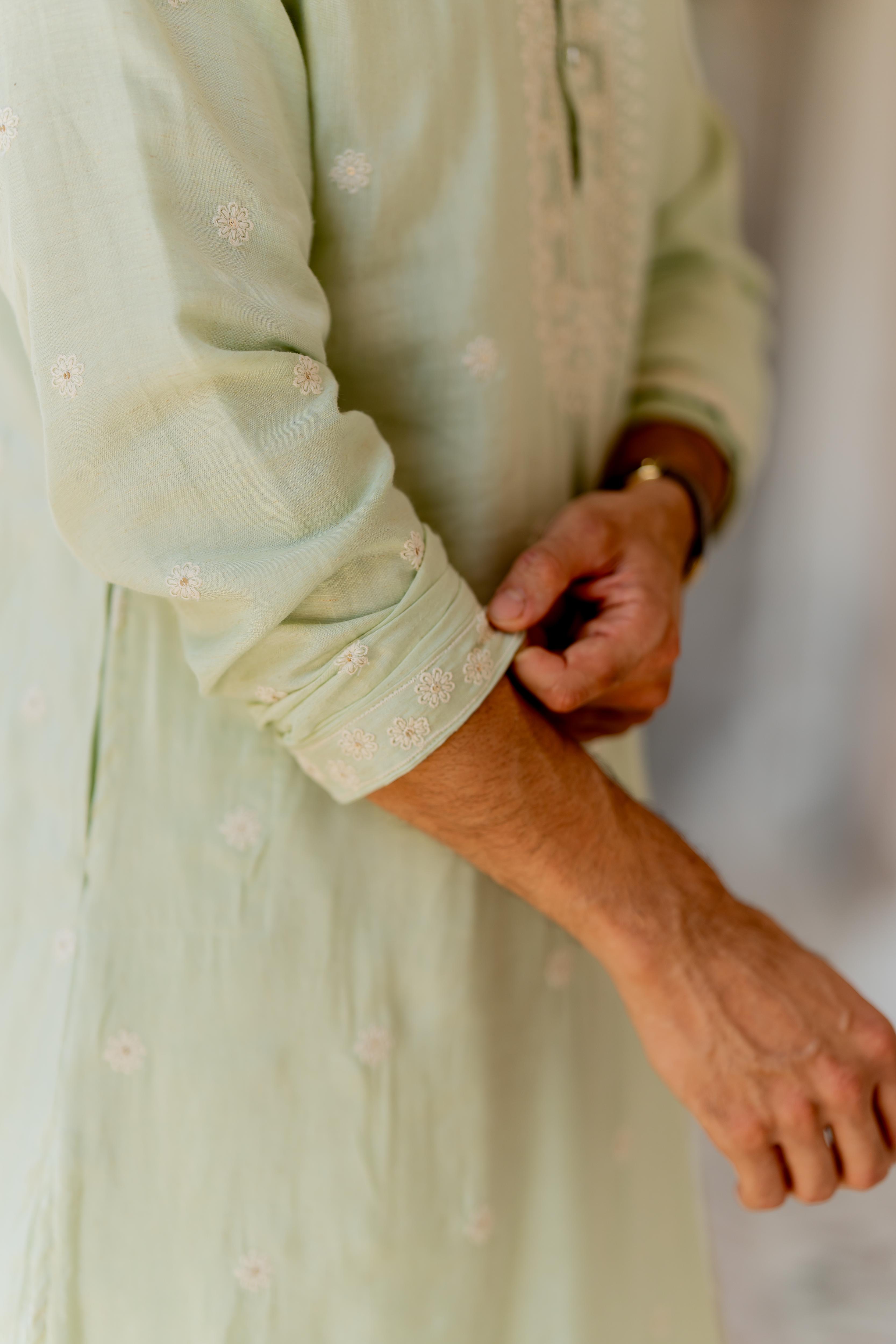 Pista Green Embroidered Kurta with Off White Pants