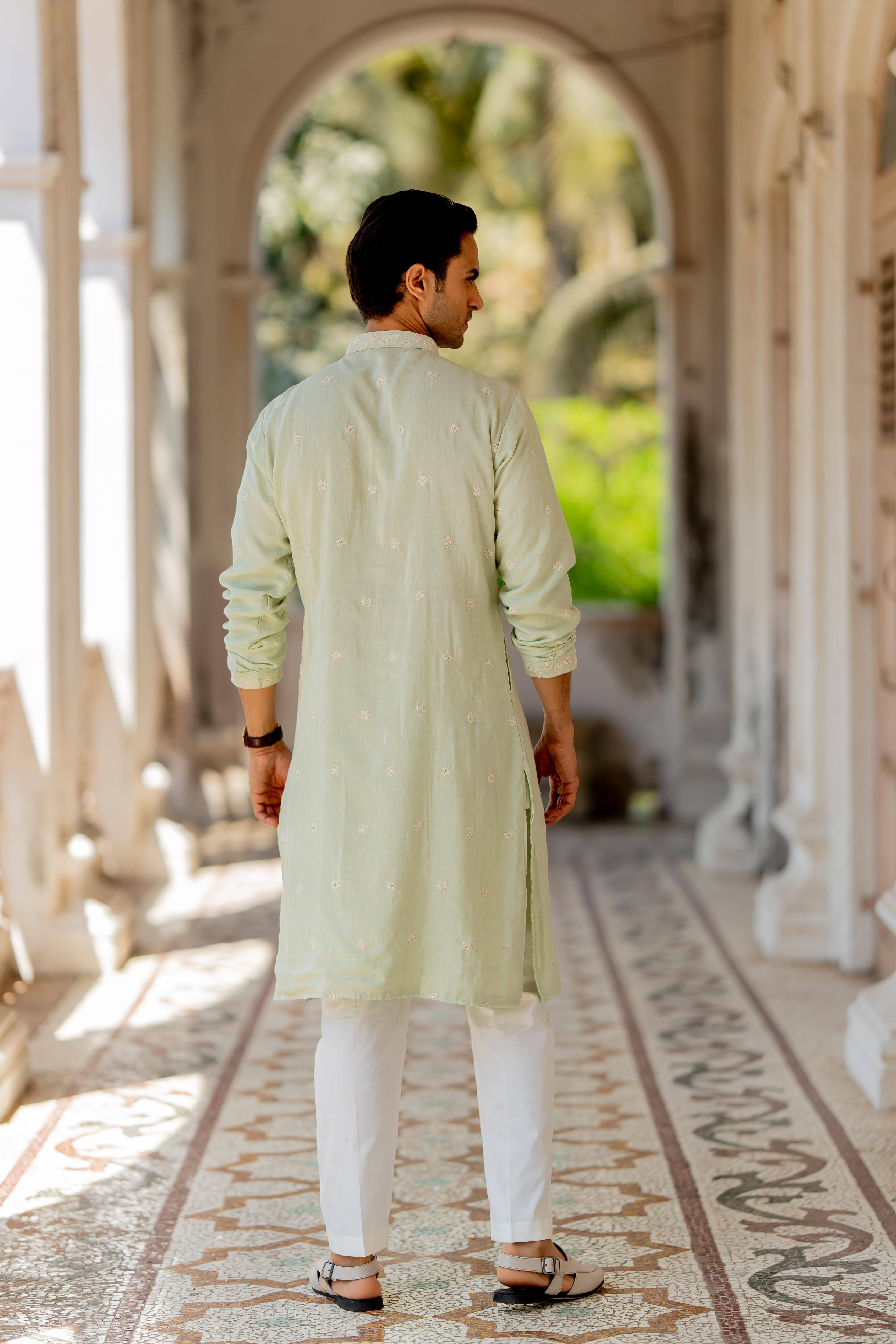 Pista Green Embroidered Kurta with Off White Pants