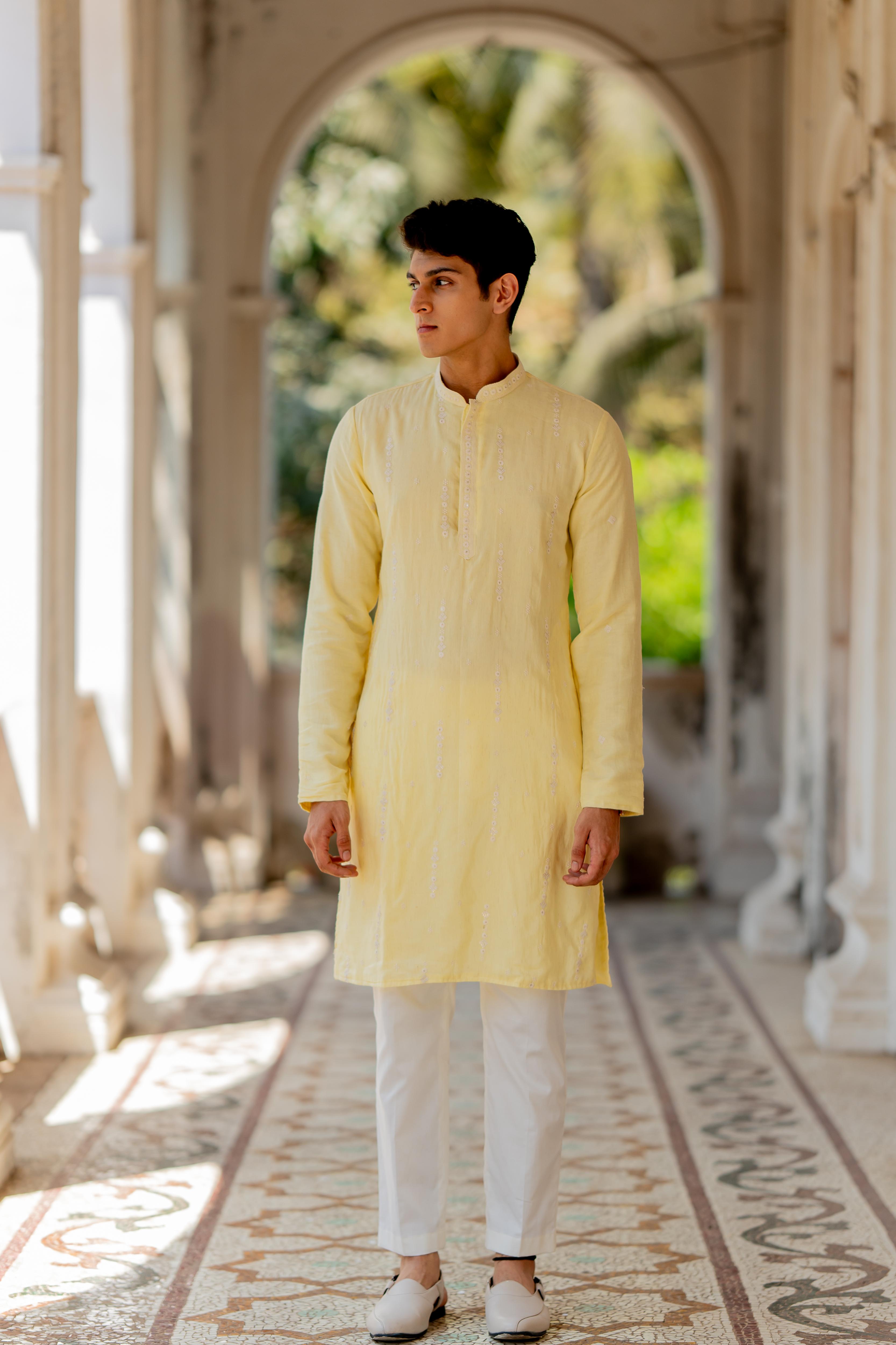 Yellow Embroidered Kurta with Off White Pants