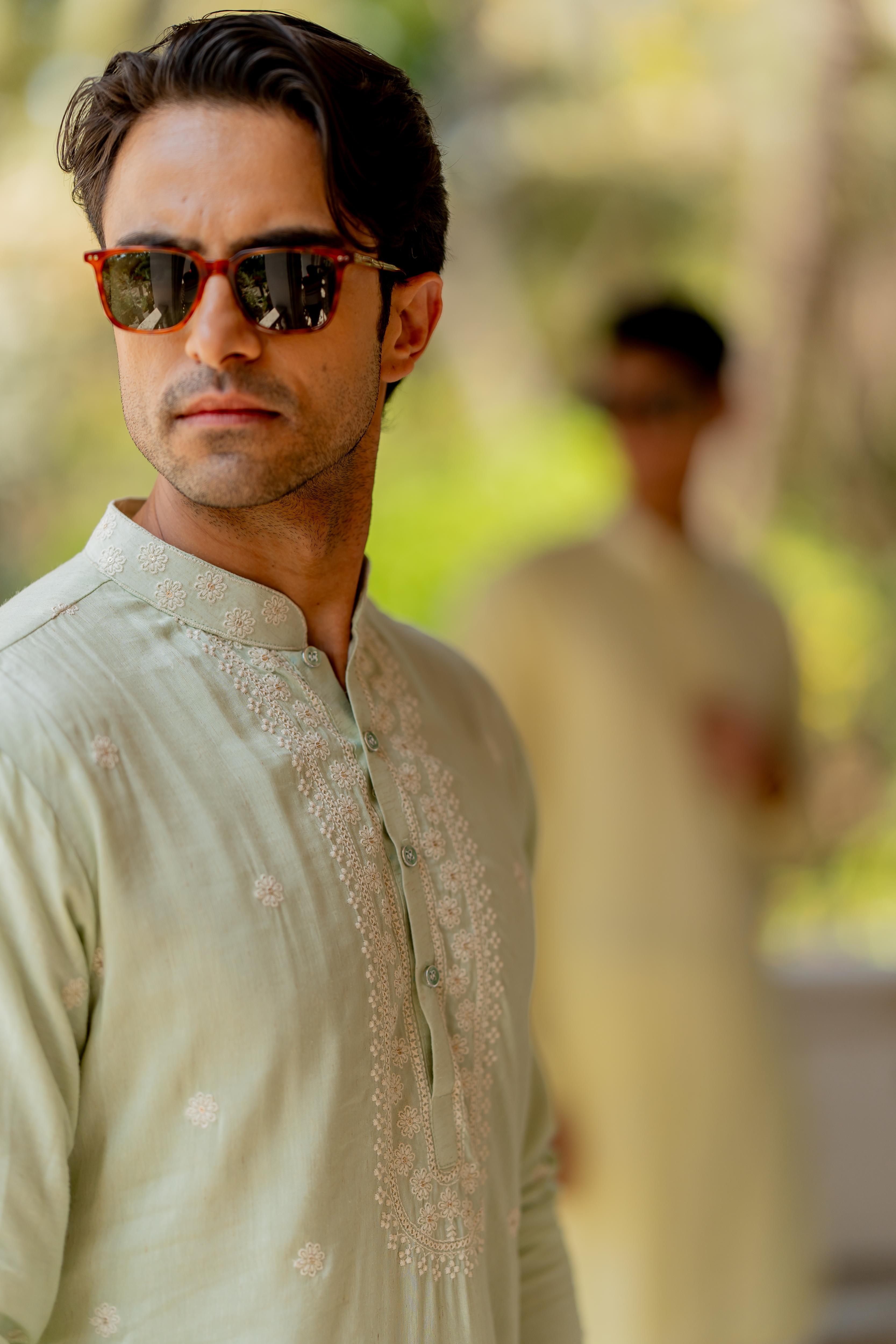 Pista Green Embroidered Kurta with Off White Pants