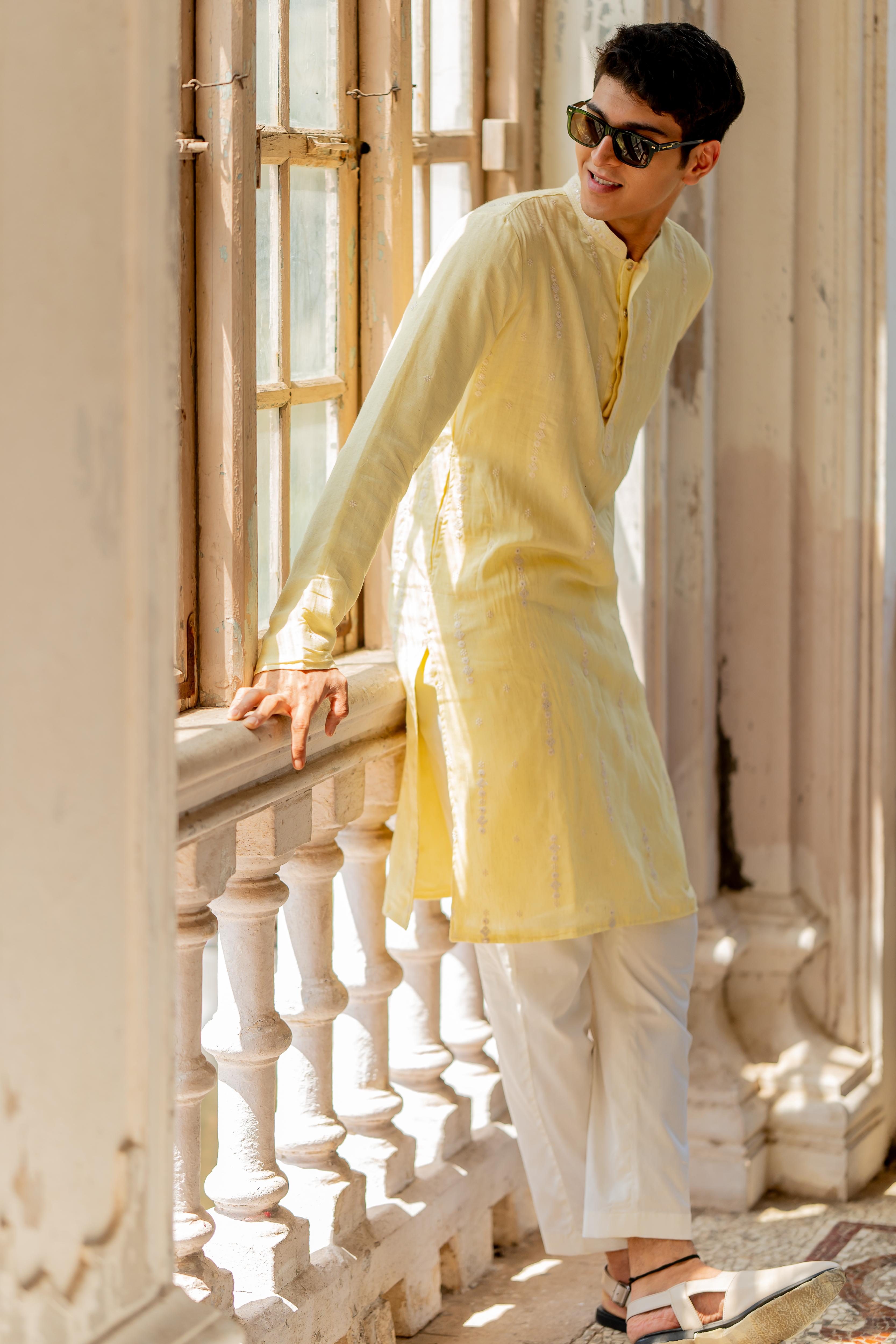 Yellow Embroidered Kurta with Off White Pants
