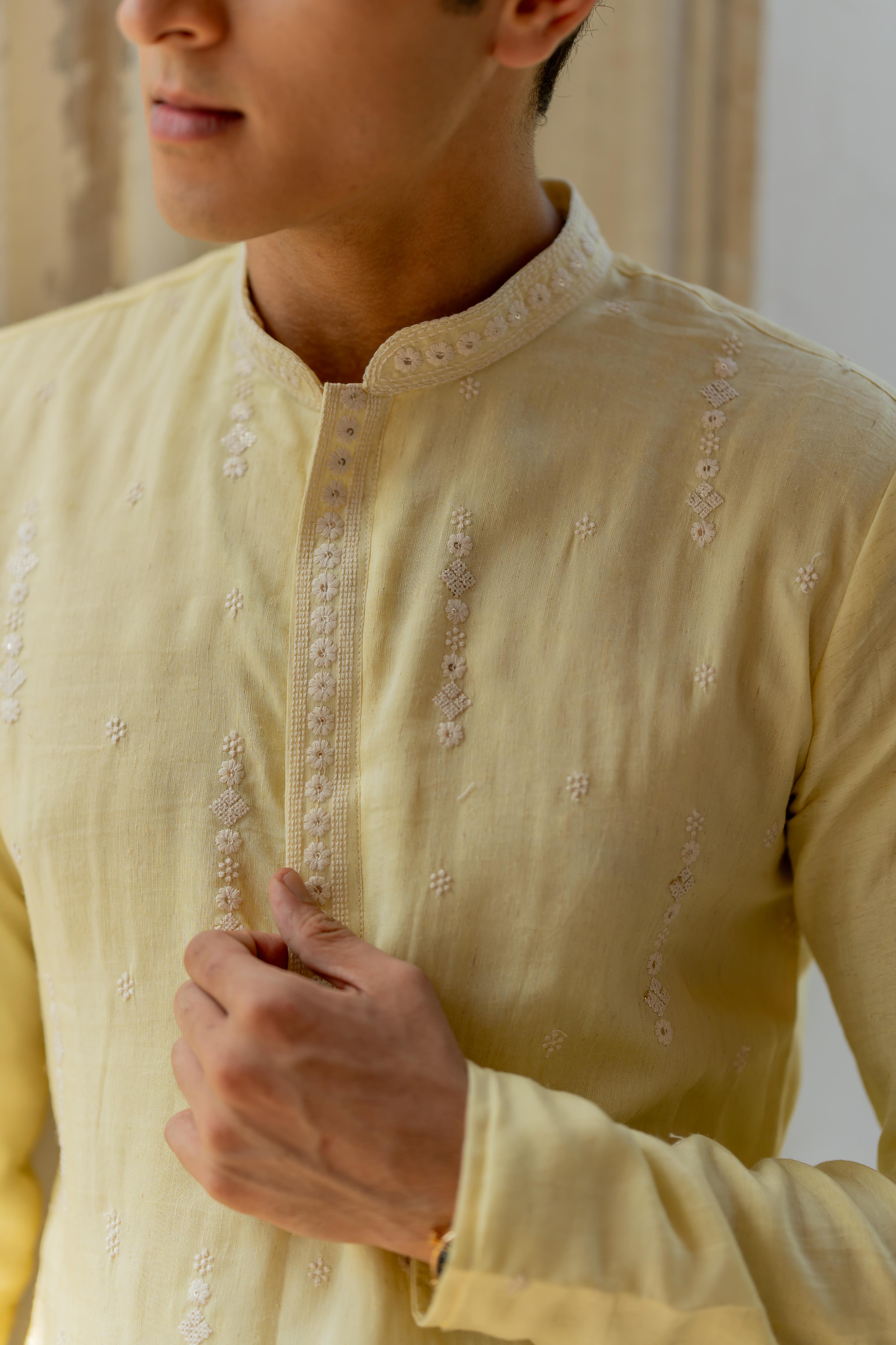 Yellow Embroidered Kurta with Off White Pants