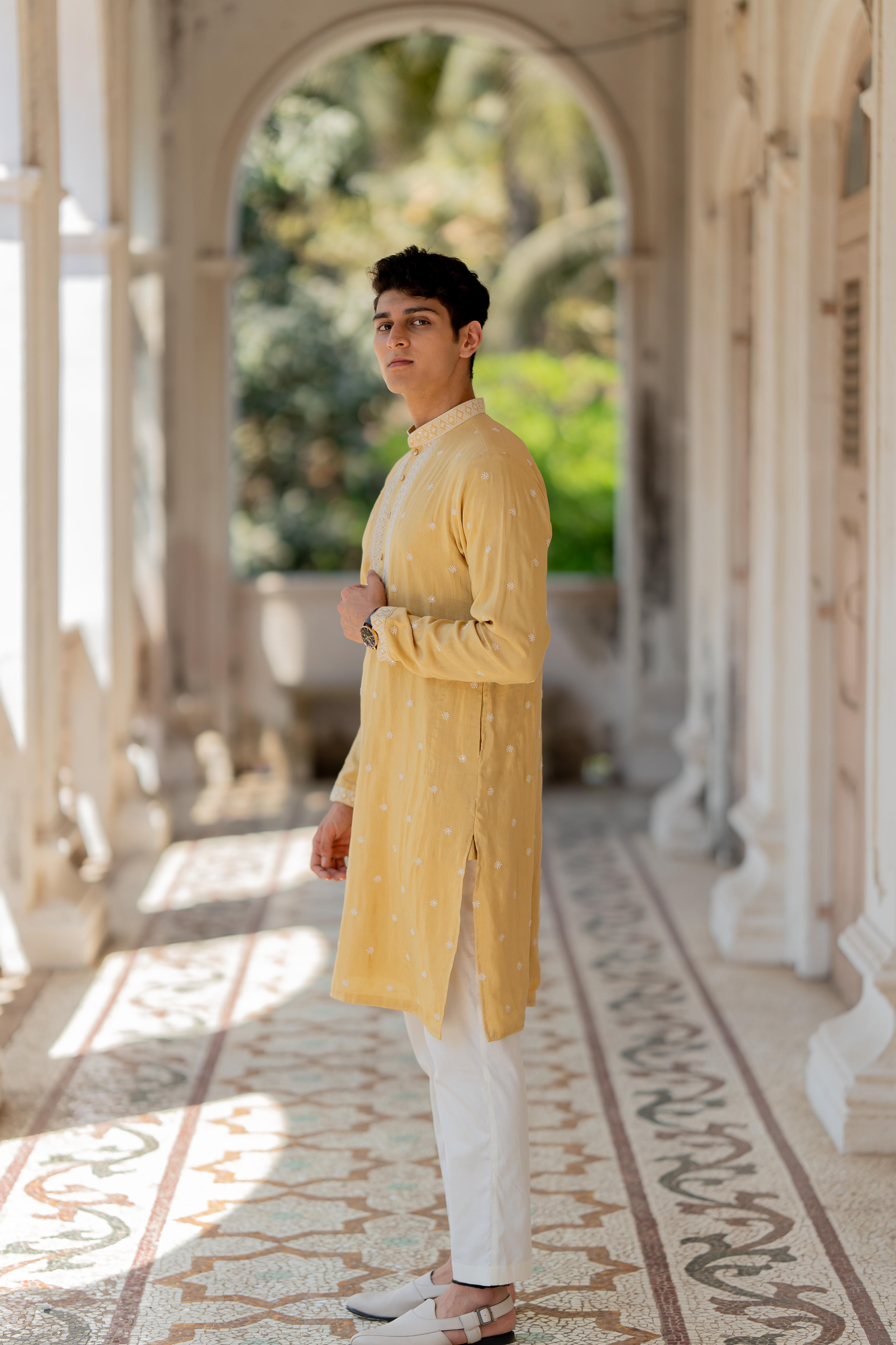 Mustard Embroidered Kurta with Off White Pants