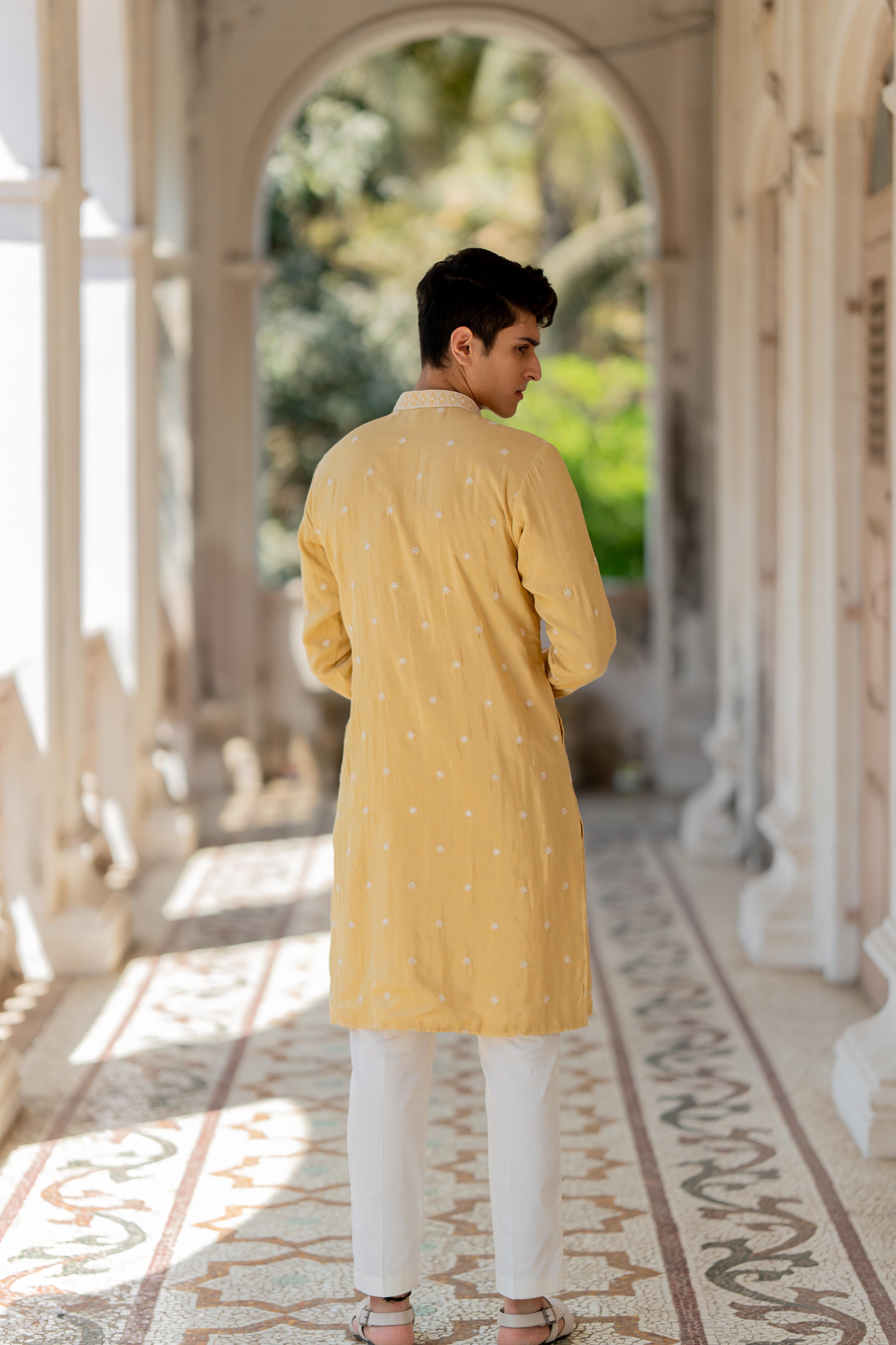 Mustard Embroidered Kurta with Off White Pants