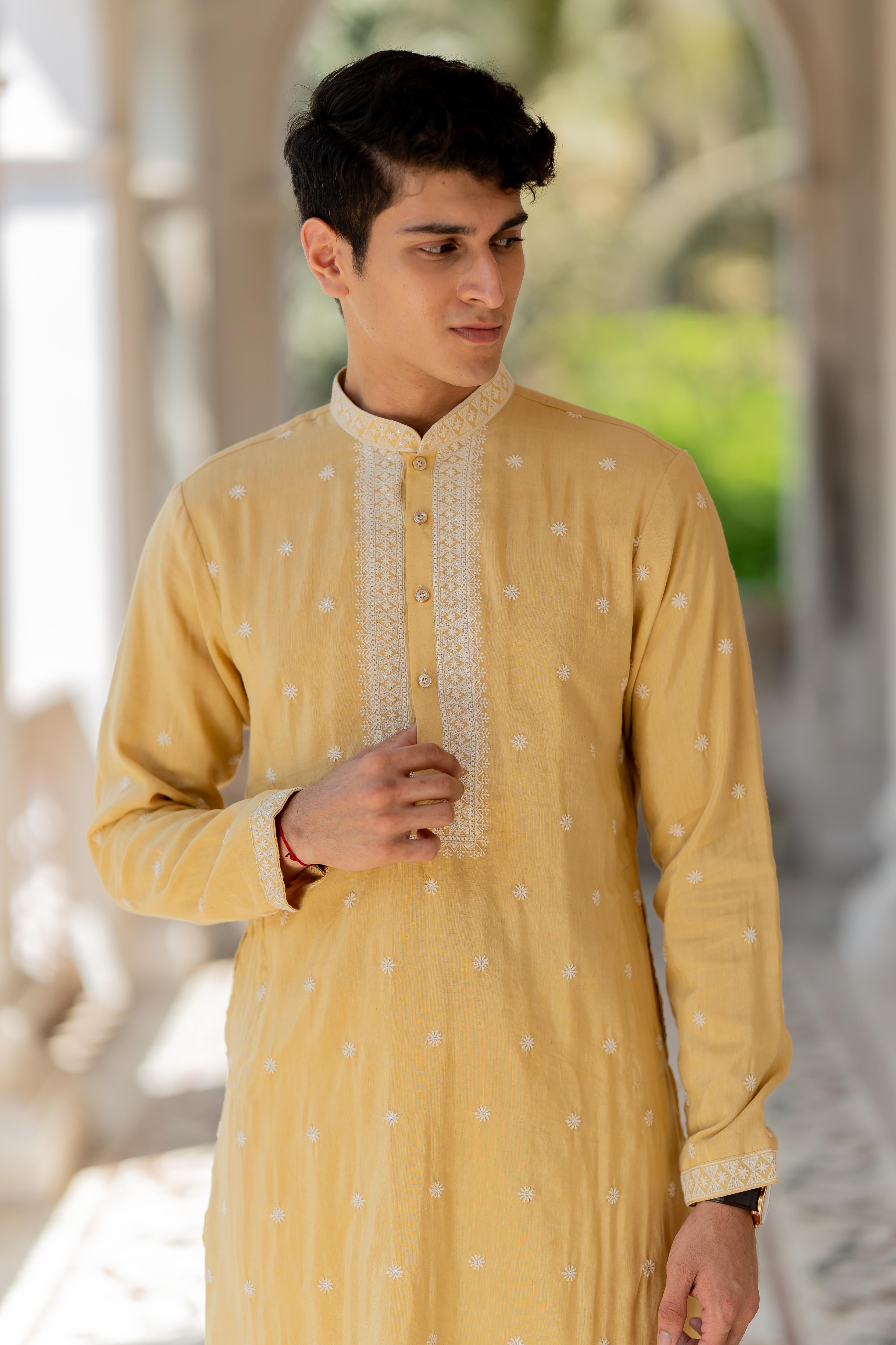 Mustard Embroidered Kurta with Off White Pants