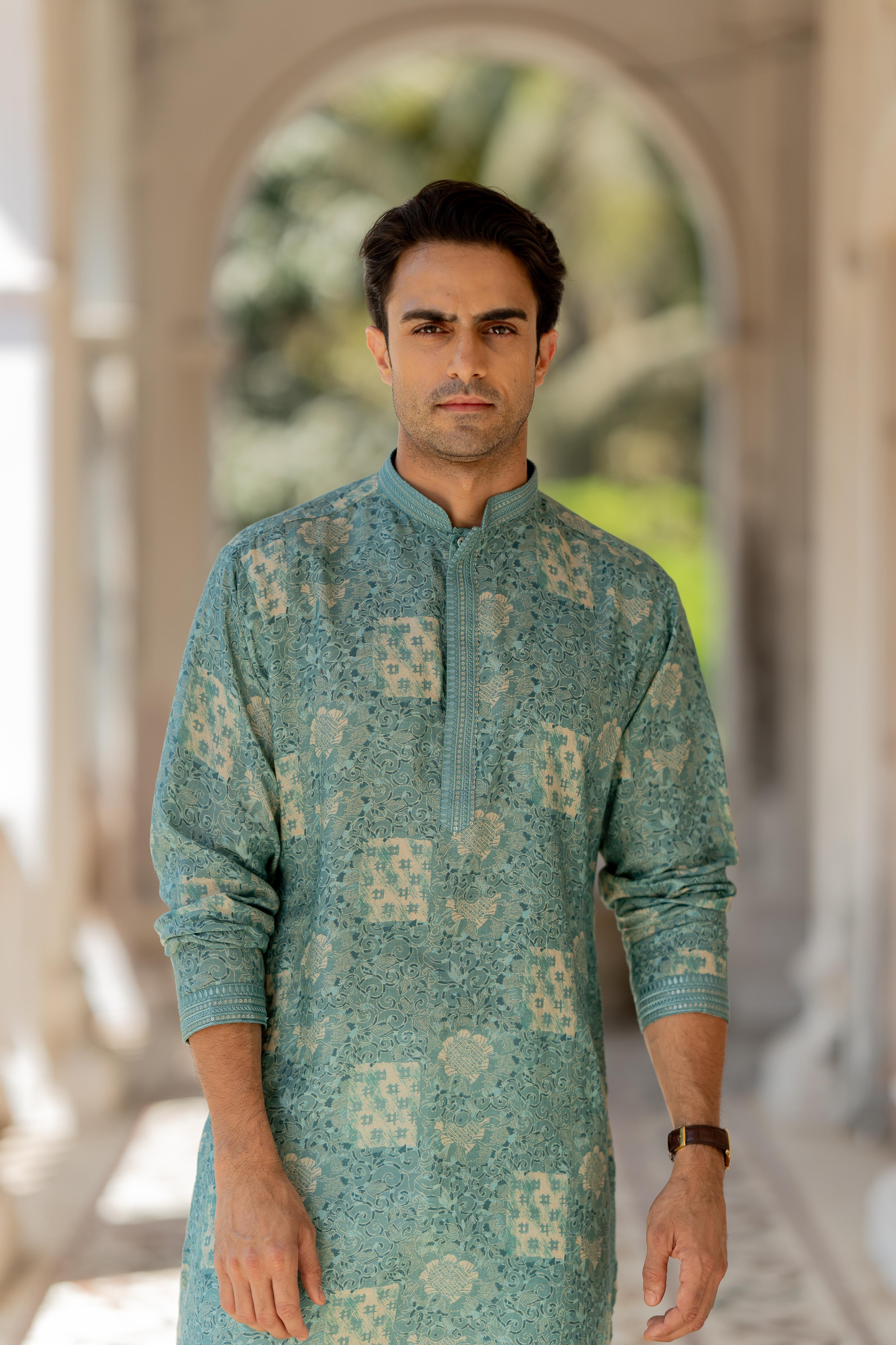 Cyan Digital Printed Kurta with Off White Pants
