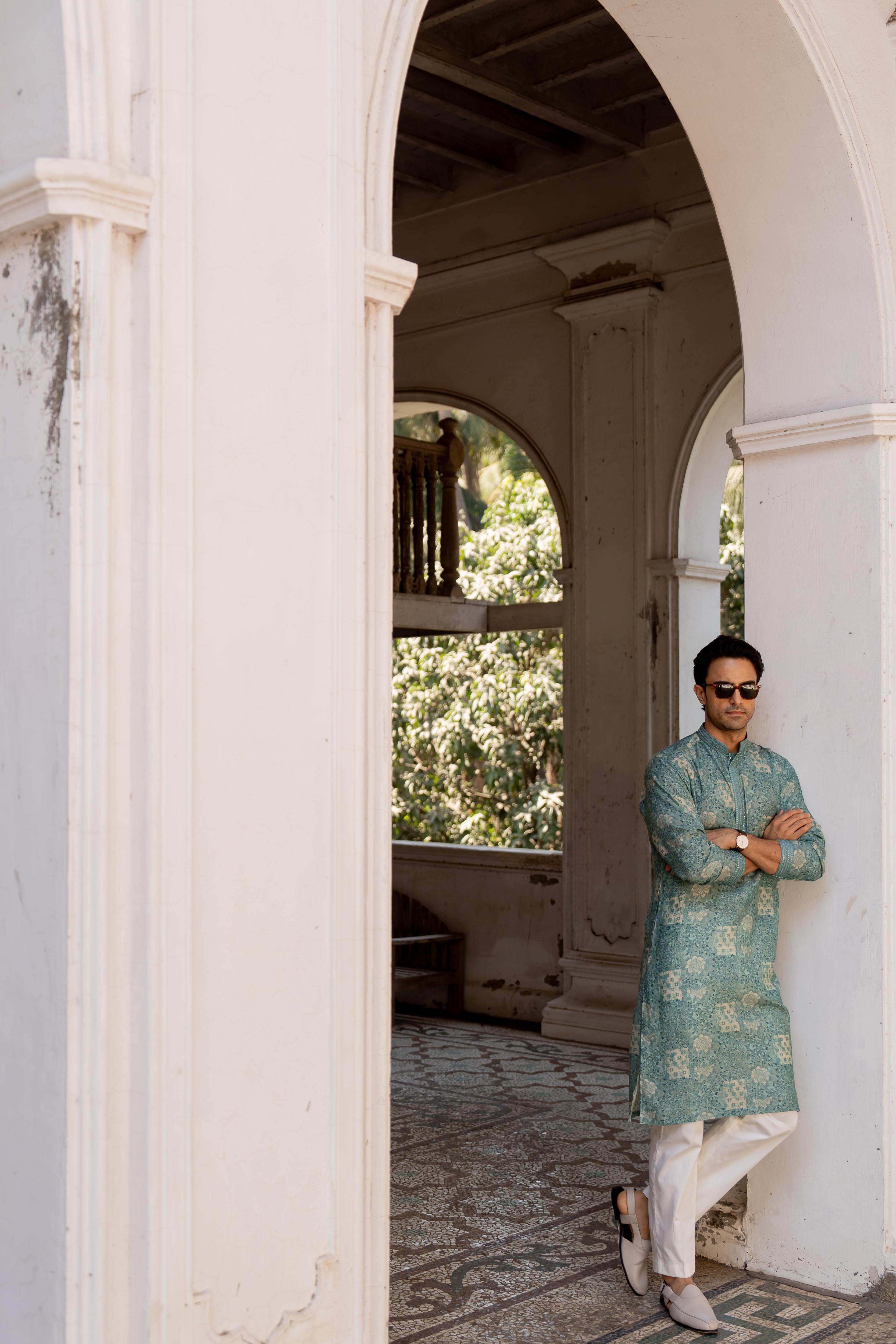 Cyan Digital Printed Kurta with Off White Pants