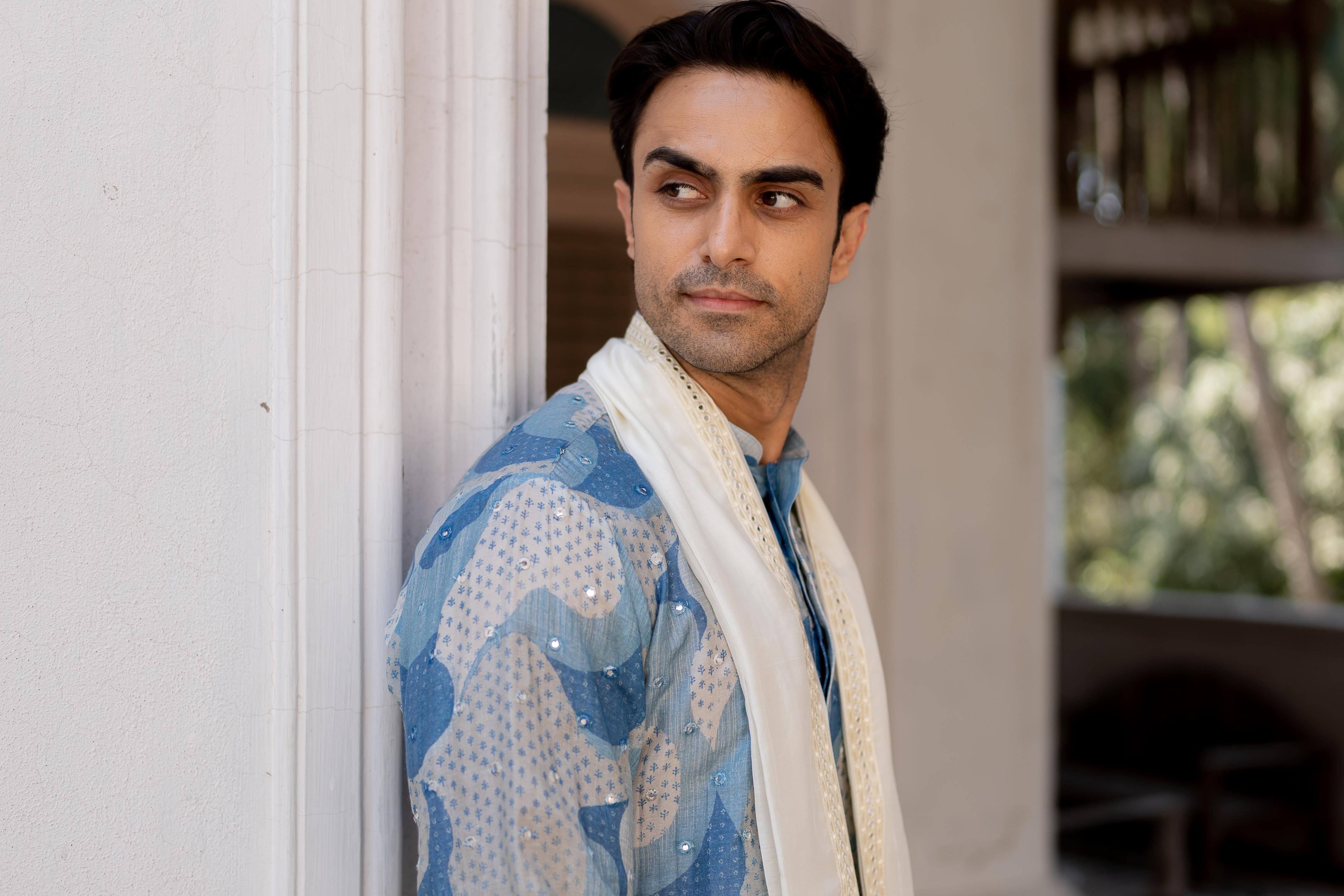 Blue & Grey Digital Printed Mirror Butti Work Kurta with Embroidered Off White Stole and Off White Pants