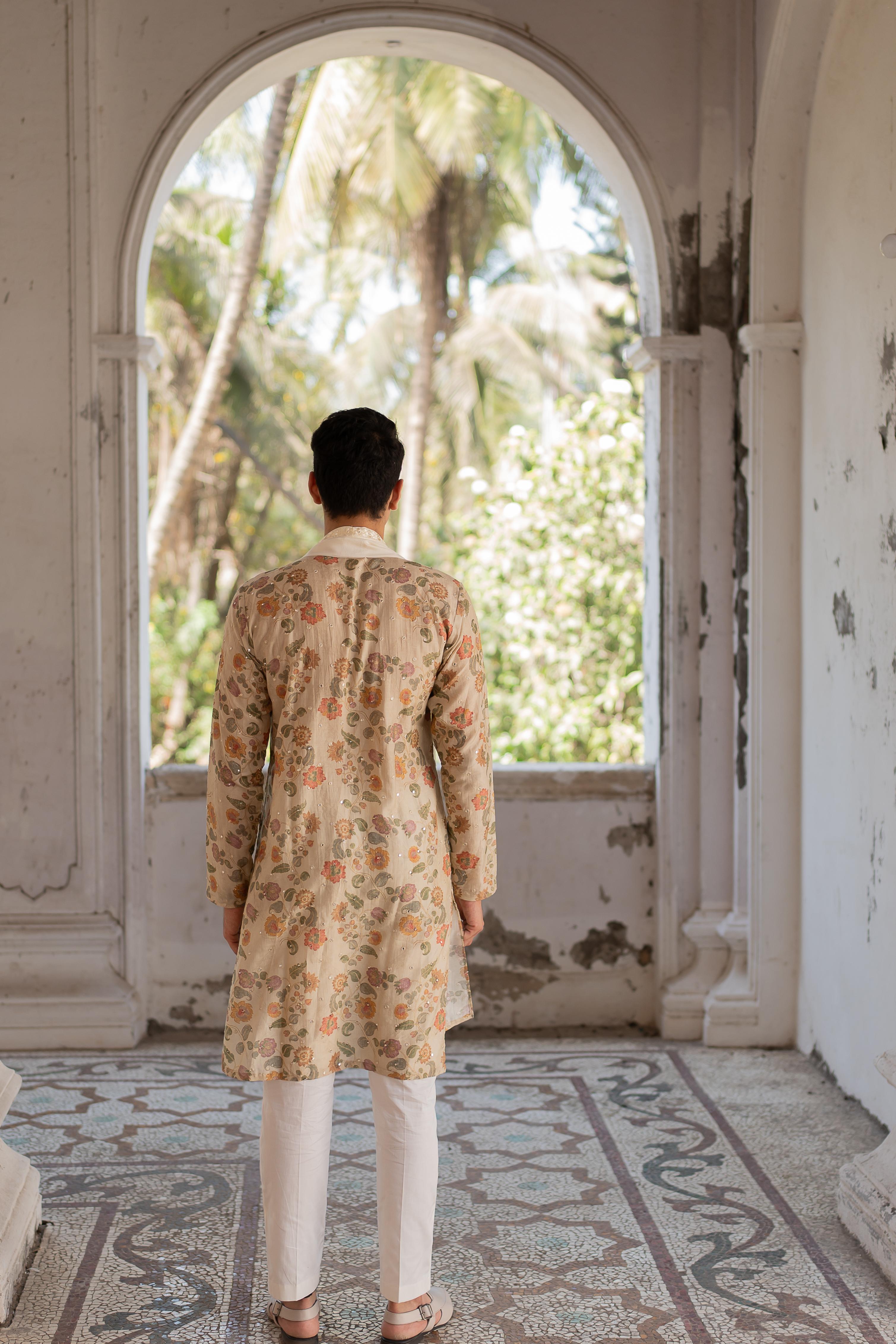 Beige Digital Printed Mirror Butti Work Kurta with Embroidered Off White Stole and Off White Pants