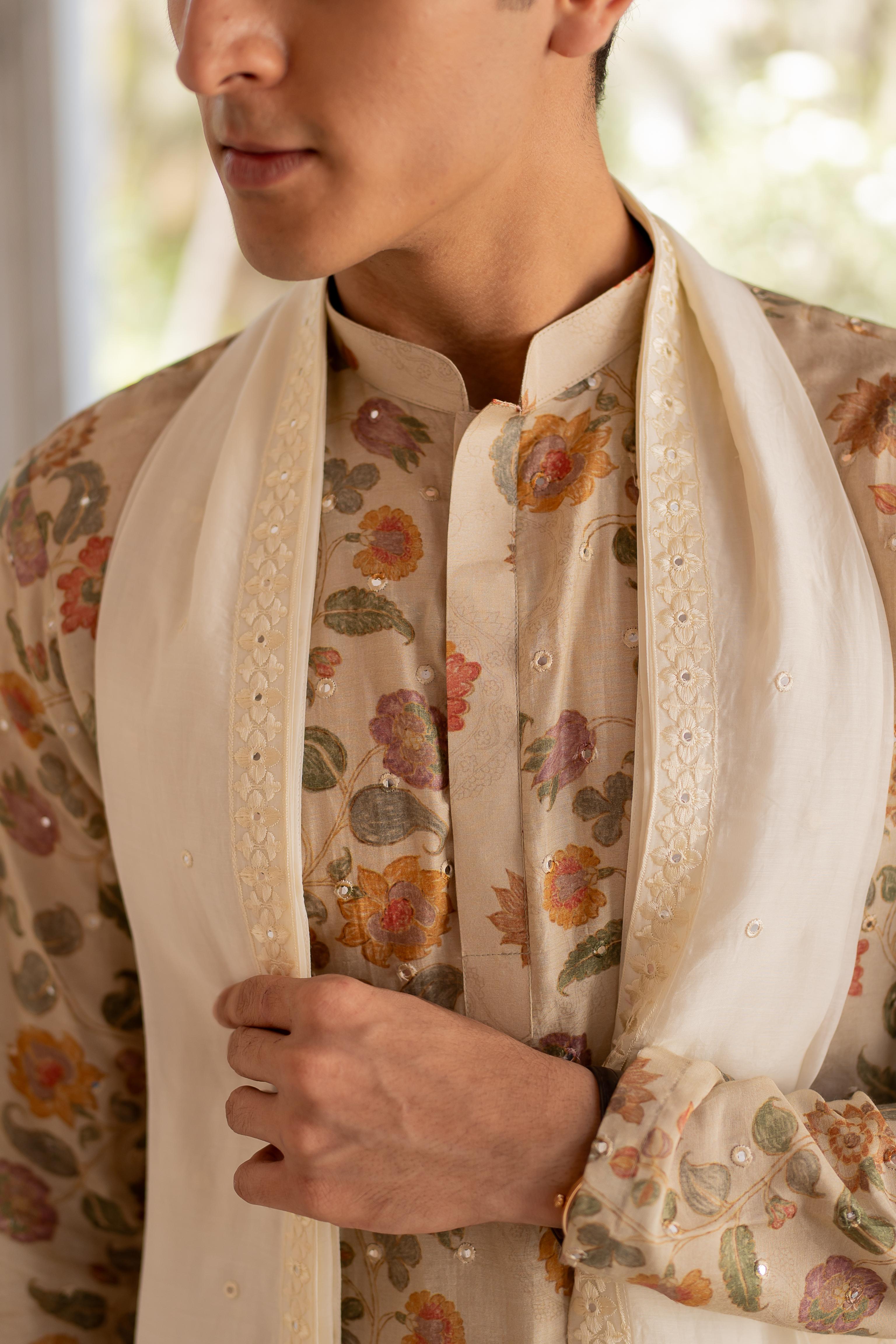 Beige Digital Printed Mirror Butti Work Kurta with Embroidered Off White Stole and Off White Pants