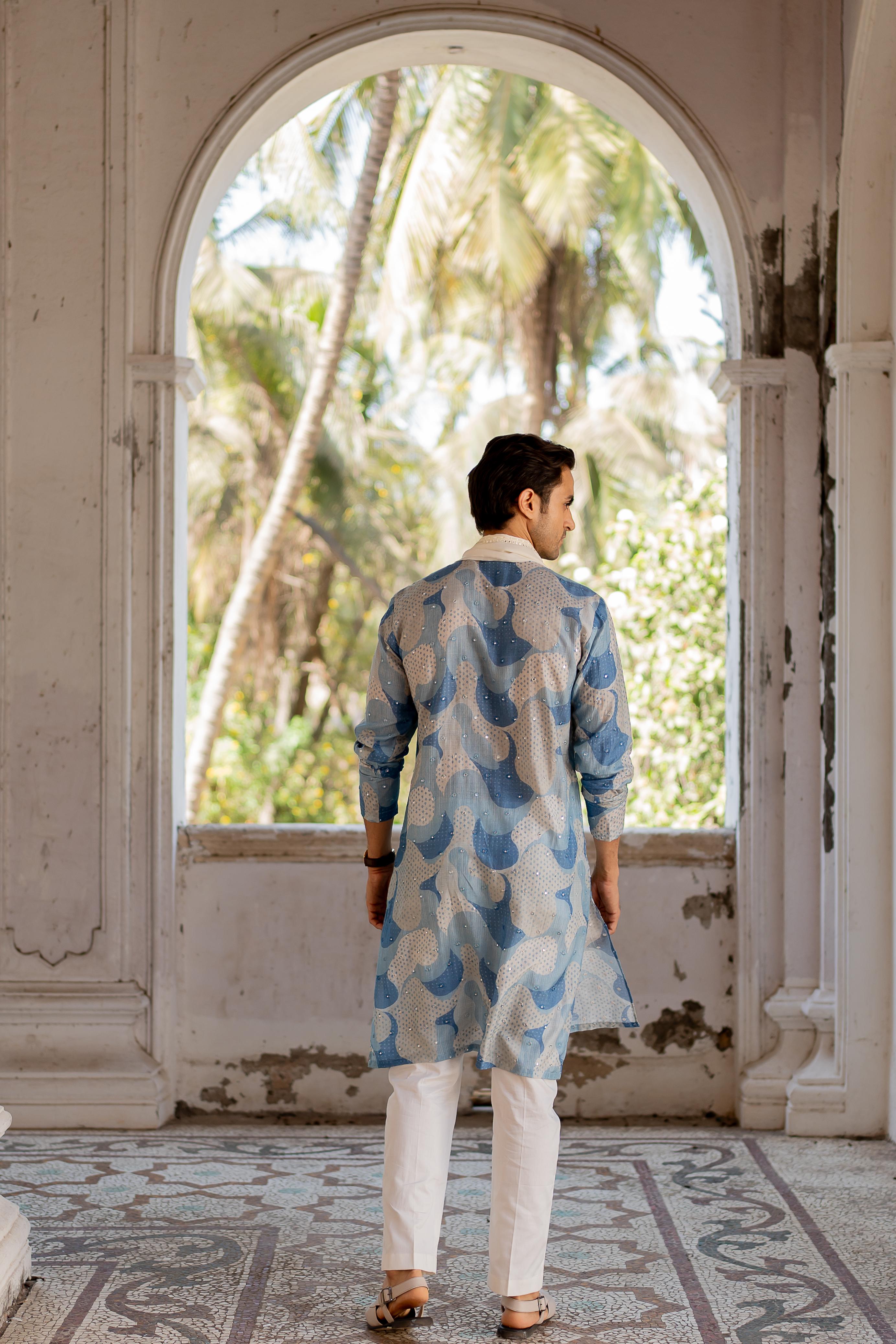 Blue & Grey Digital Printed Mirror Butti Work Kurta with Embroidered Off White Stole and Off White Pants