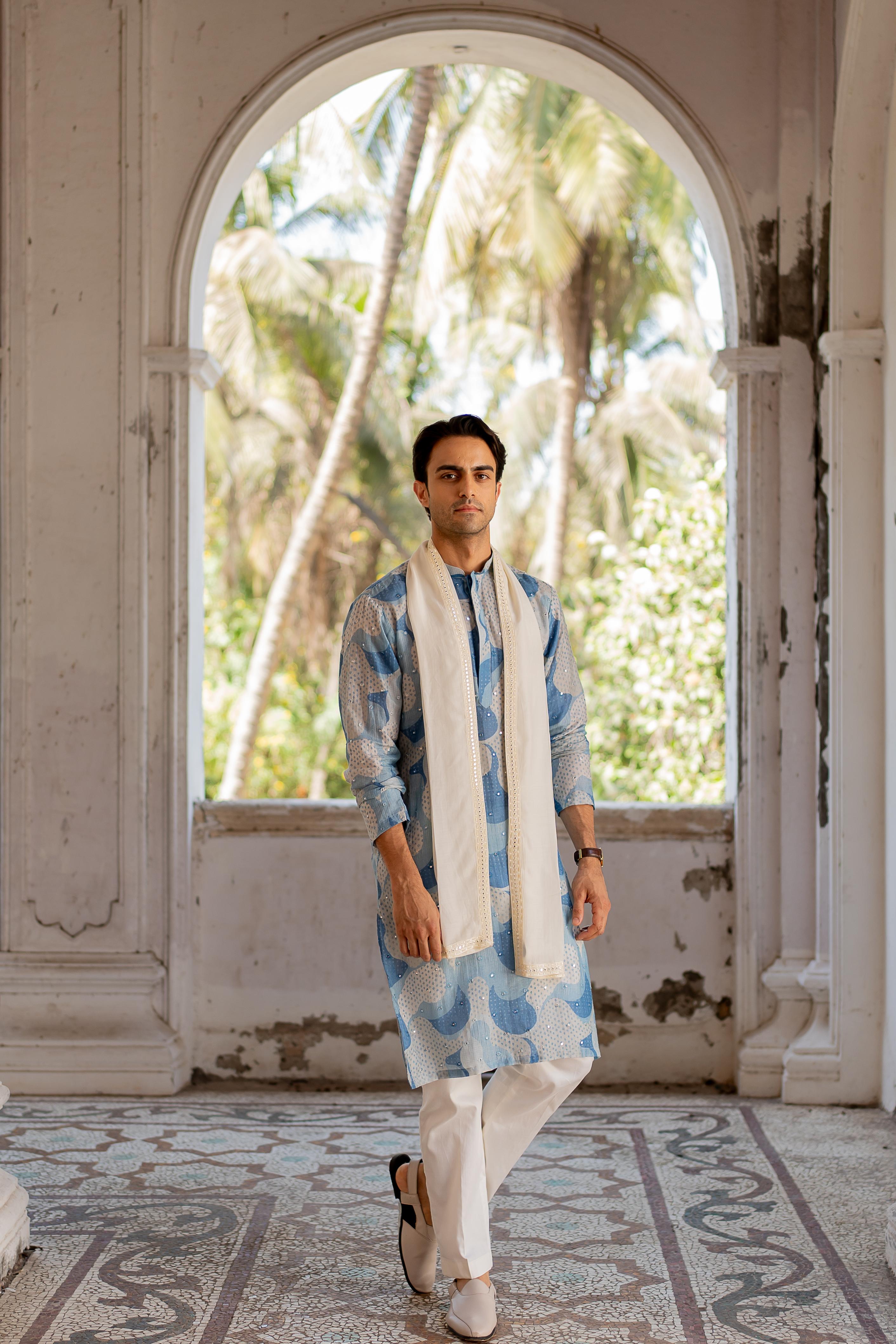 Blue & Grey Digital Printed Mirror Butti Work Kurta with Embroidered Off White Stole and Off White Pants
