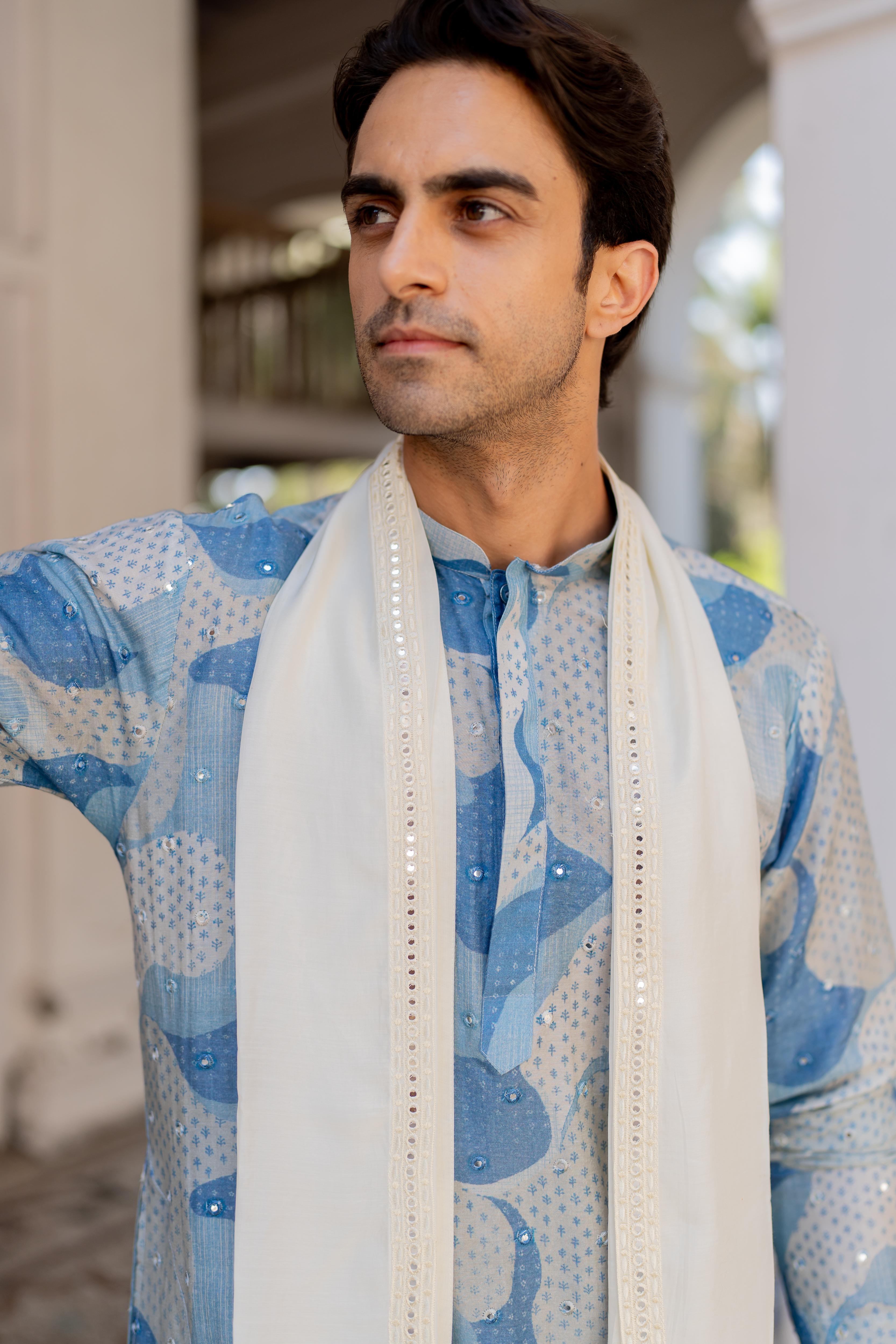 Blue & Grey Digital Printed Mirror Butti Work Kurta with Embroidered Off White Stole and Off White Pants
