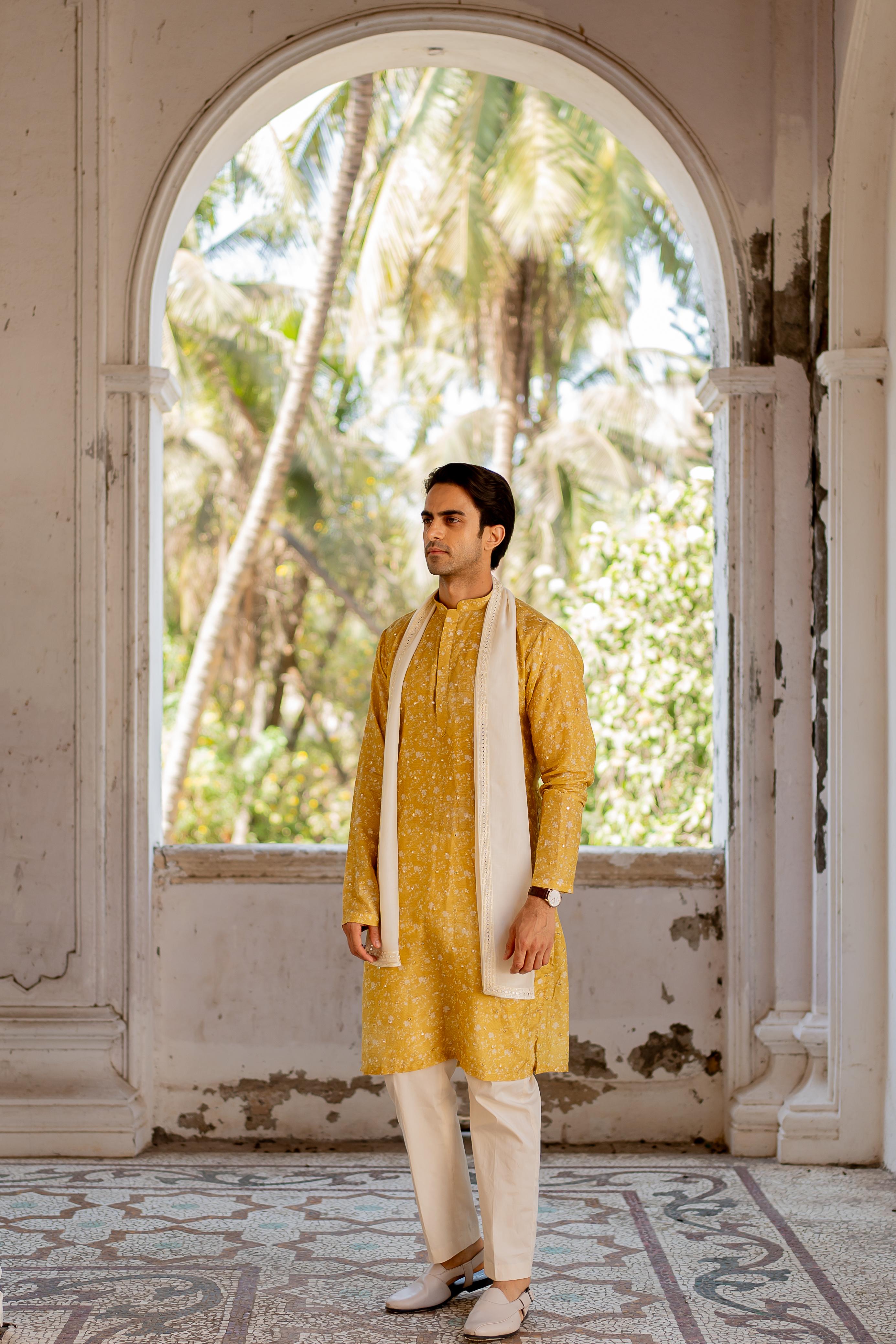 Yellow Digital Printed Mirror Butti Work Kurta with Embroidered Off White Stole and Off White Pants