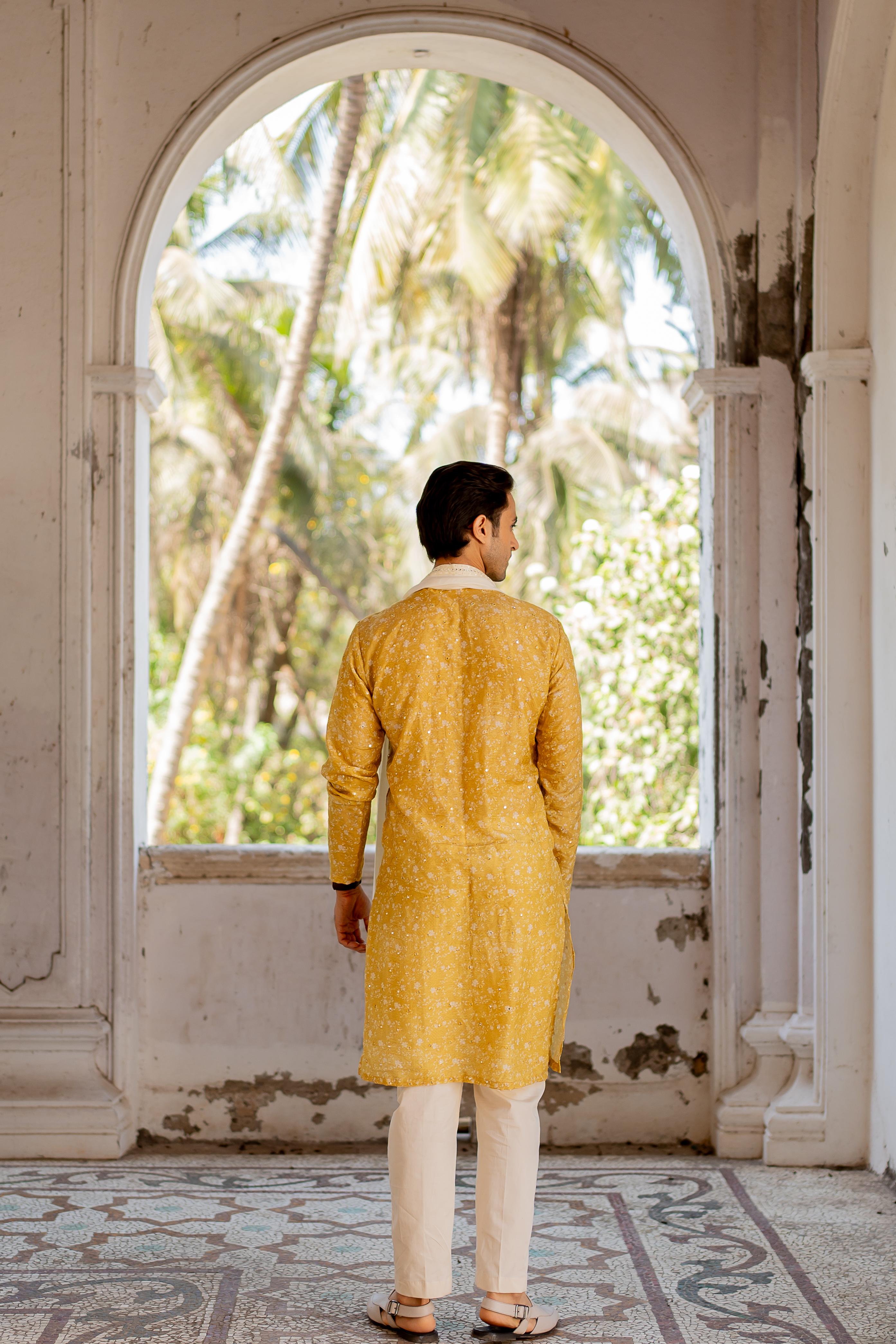Yellow Digital Printed Mirror Butti Work Kurta with Embroidered Off White Stole and Off White Pants
