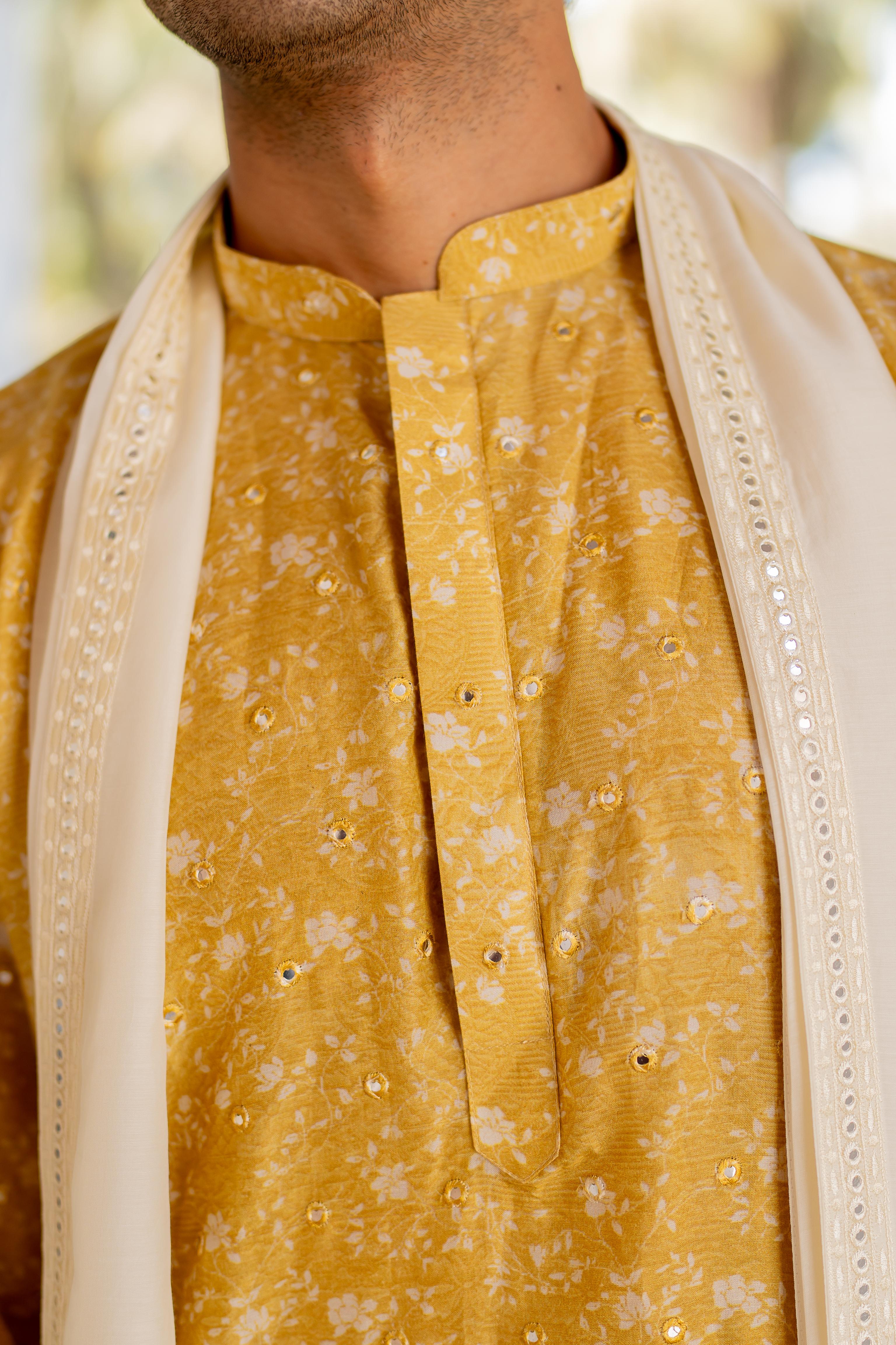 Yellow Digital Printed Mirror Butti Work Kurta with Embroidered Off White Stole and Off White Pants