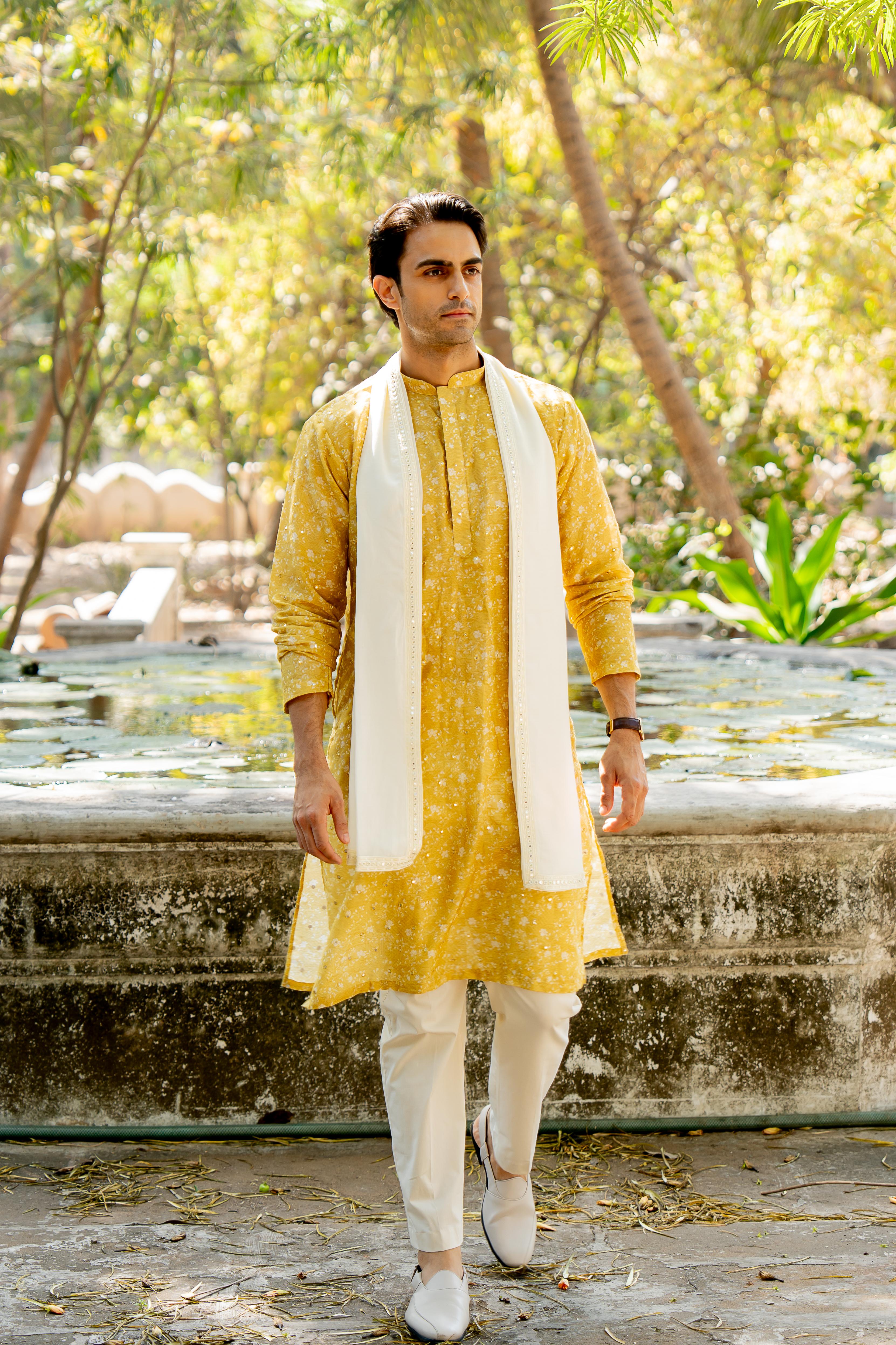 Yellow Digital Printed Mirror Butti Work Kurta with Embroidered Off White Stole and Off White Pants