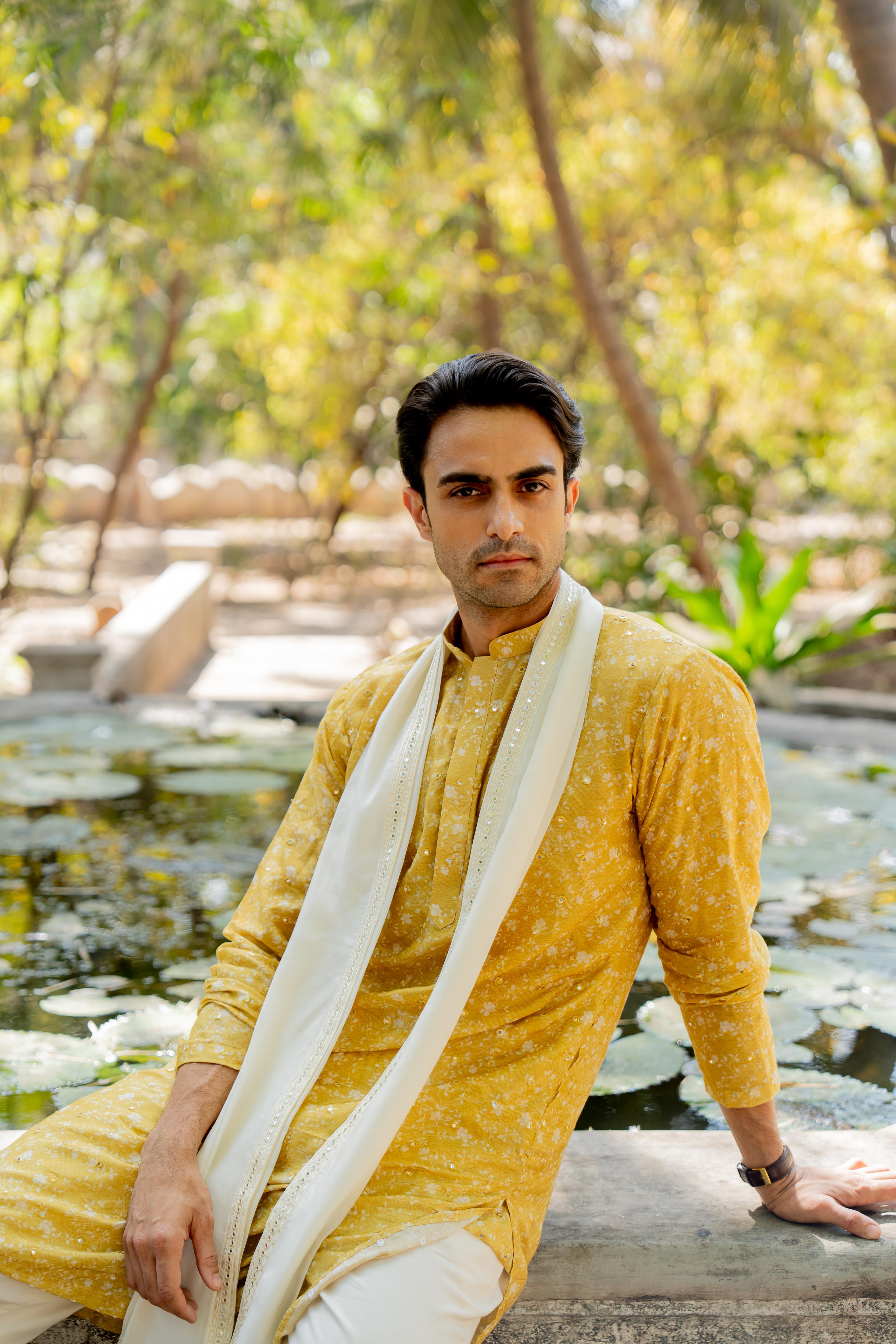 Yellow Digital Printed Mirror Butti Work Kurta with Embroidered Off White Stole and Off White Pants