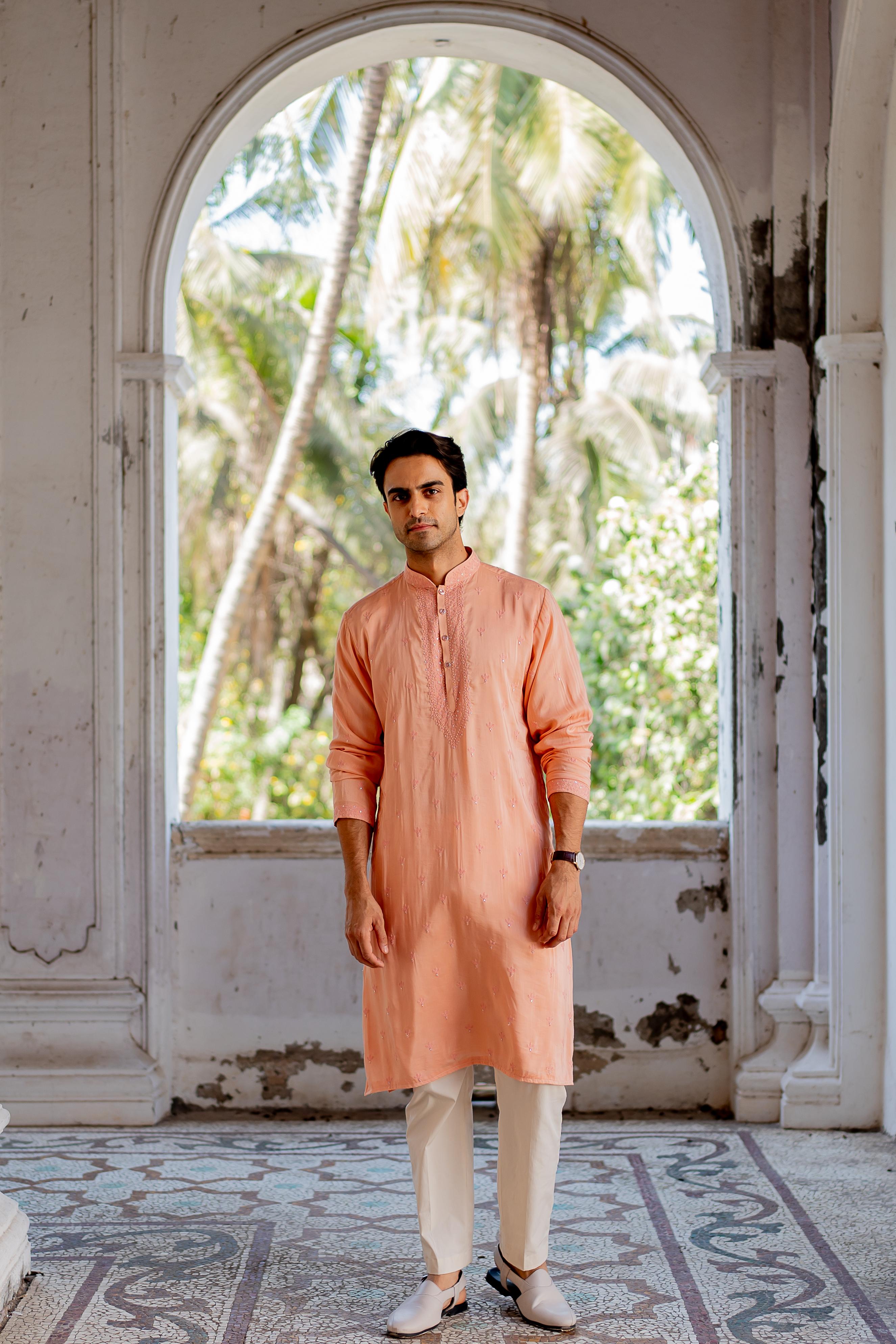 Peach Embroidered Kurta with Off White Pants