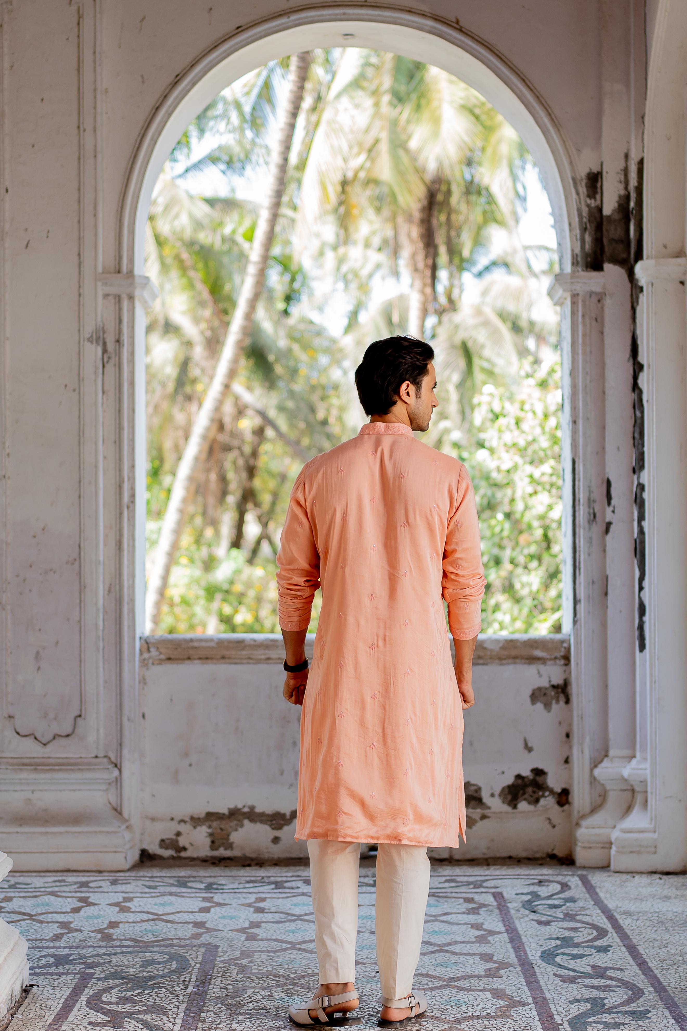 Peach Embroidered Kurta with Off White Pants