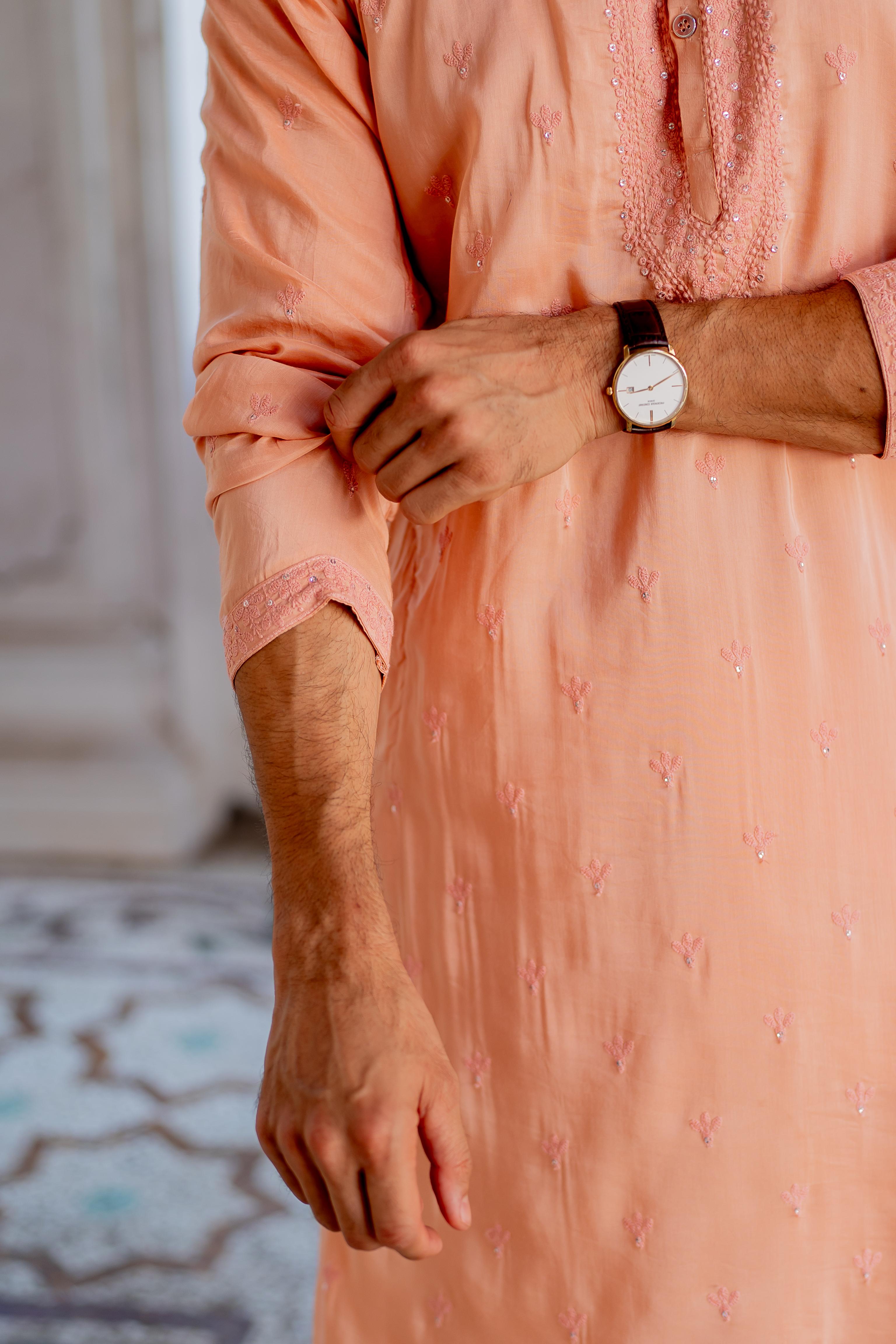 Peach Embroidered Kurta with Off White Pants