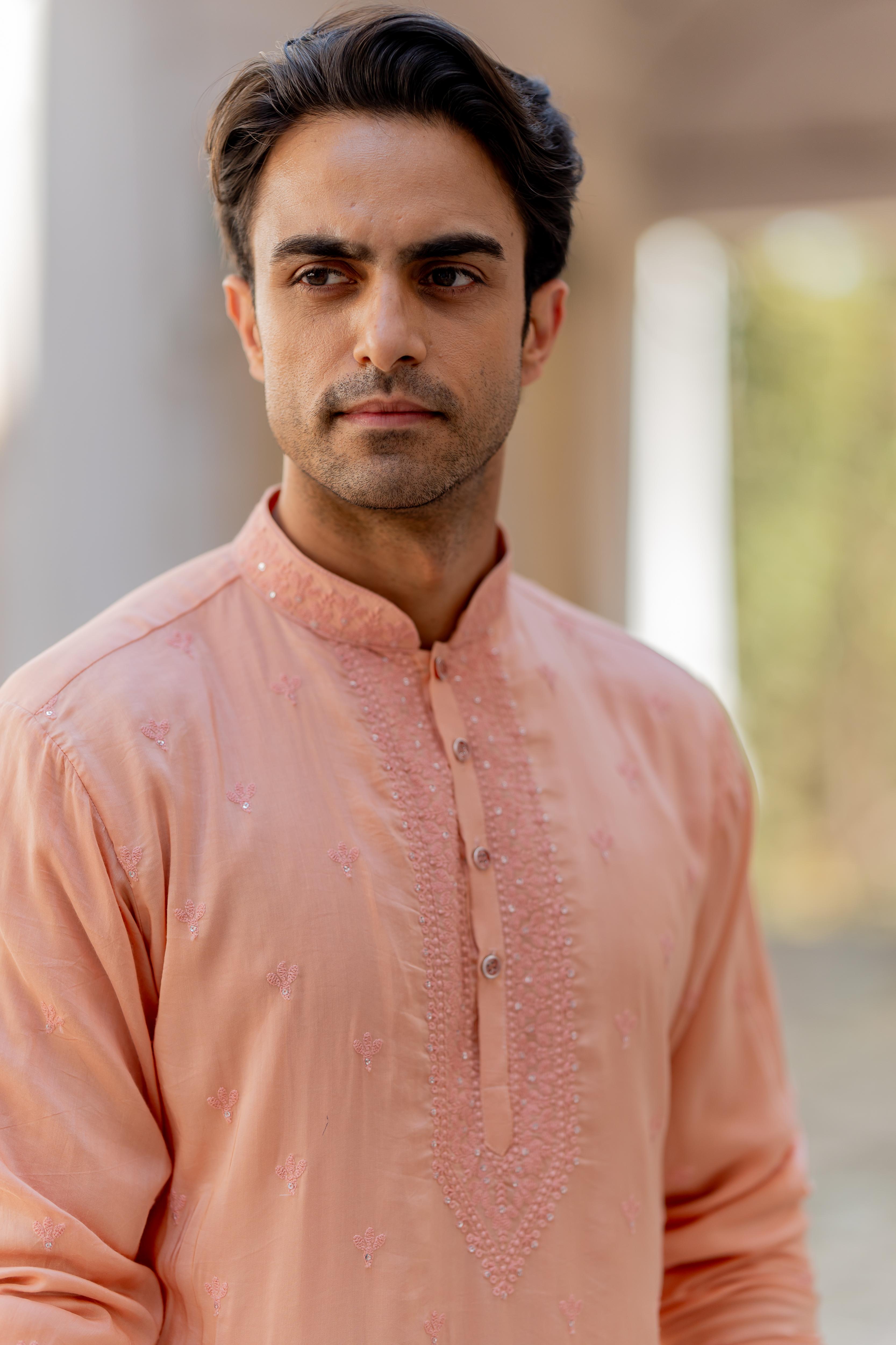 Peach Embroidered Kurta with Off White Pants