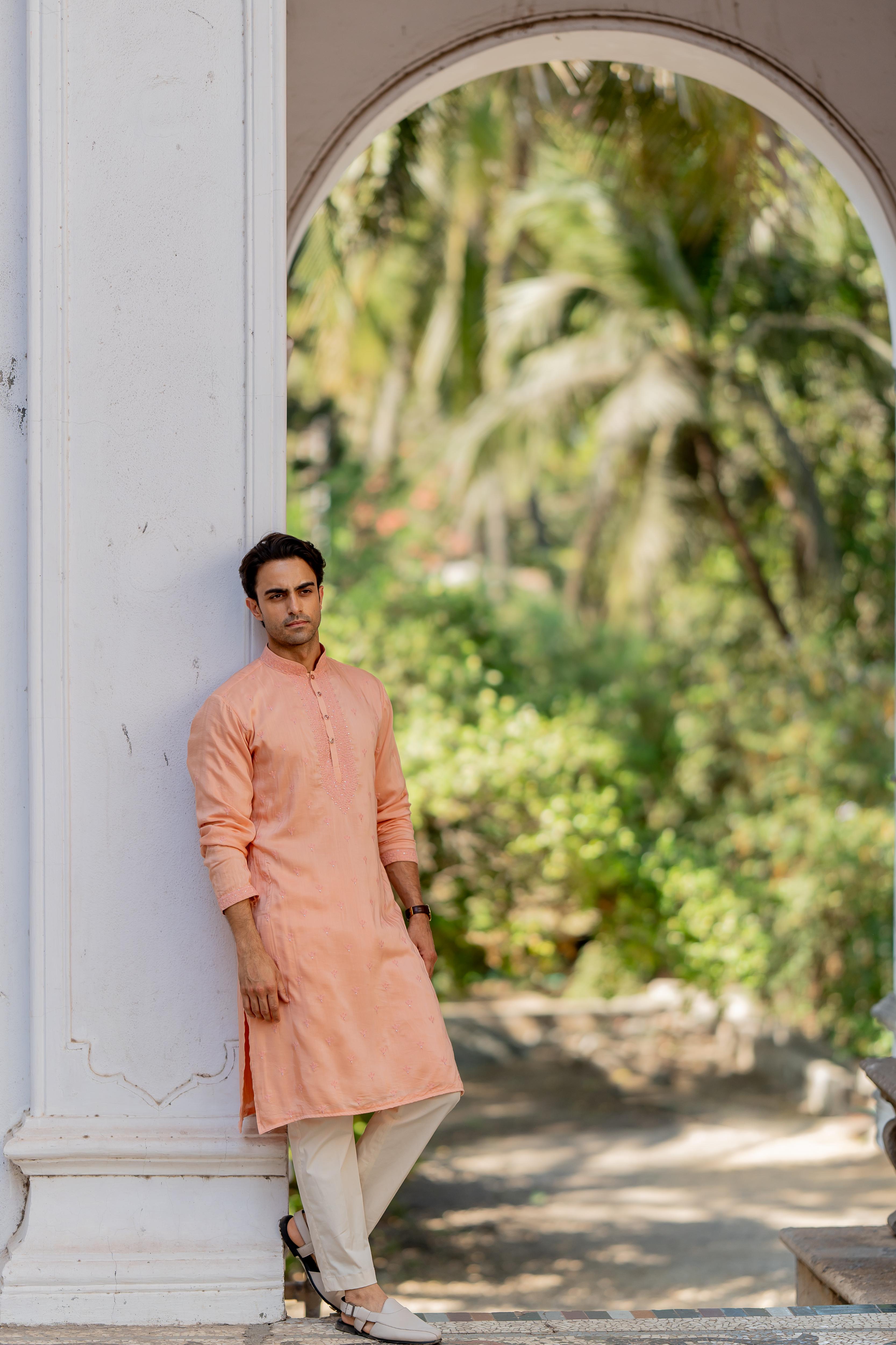 Peach Embroidered Kurta with Off White Pants