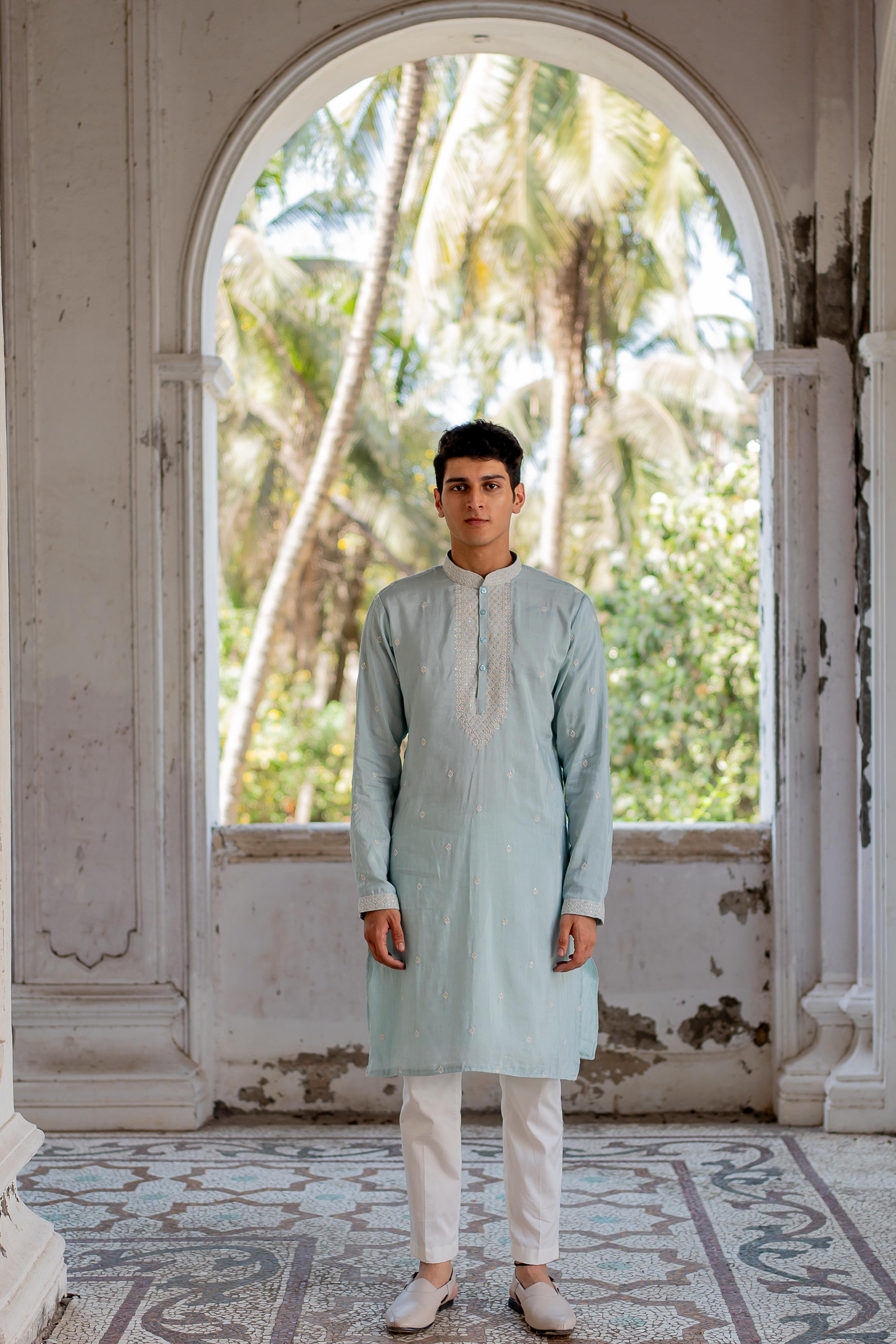 Sea Blue Embroidered Kurta with Off White Pants