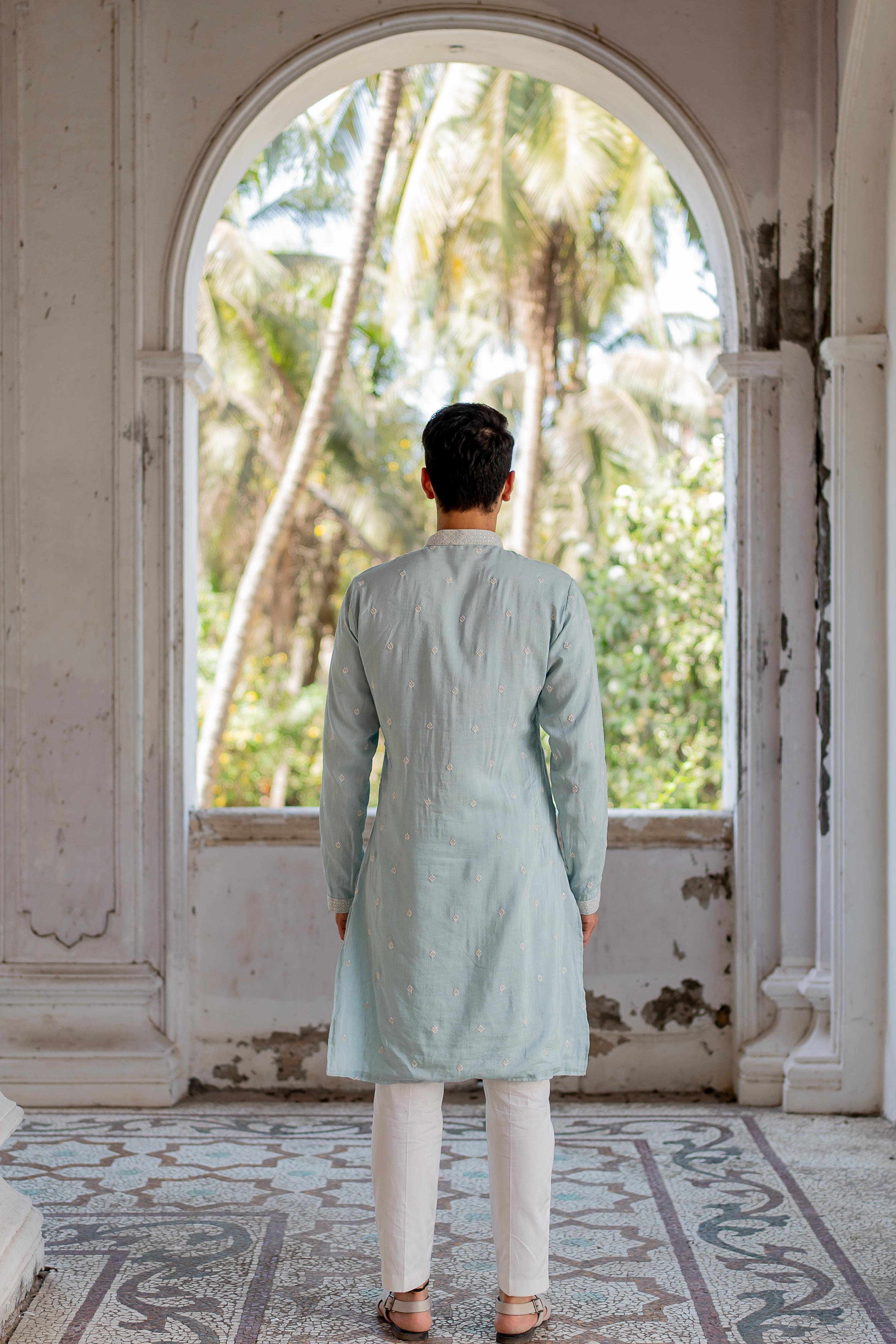 Sea Blue Embroidered Kurta with Off White Pants