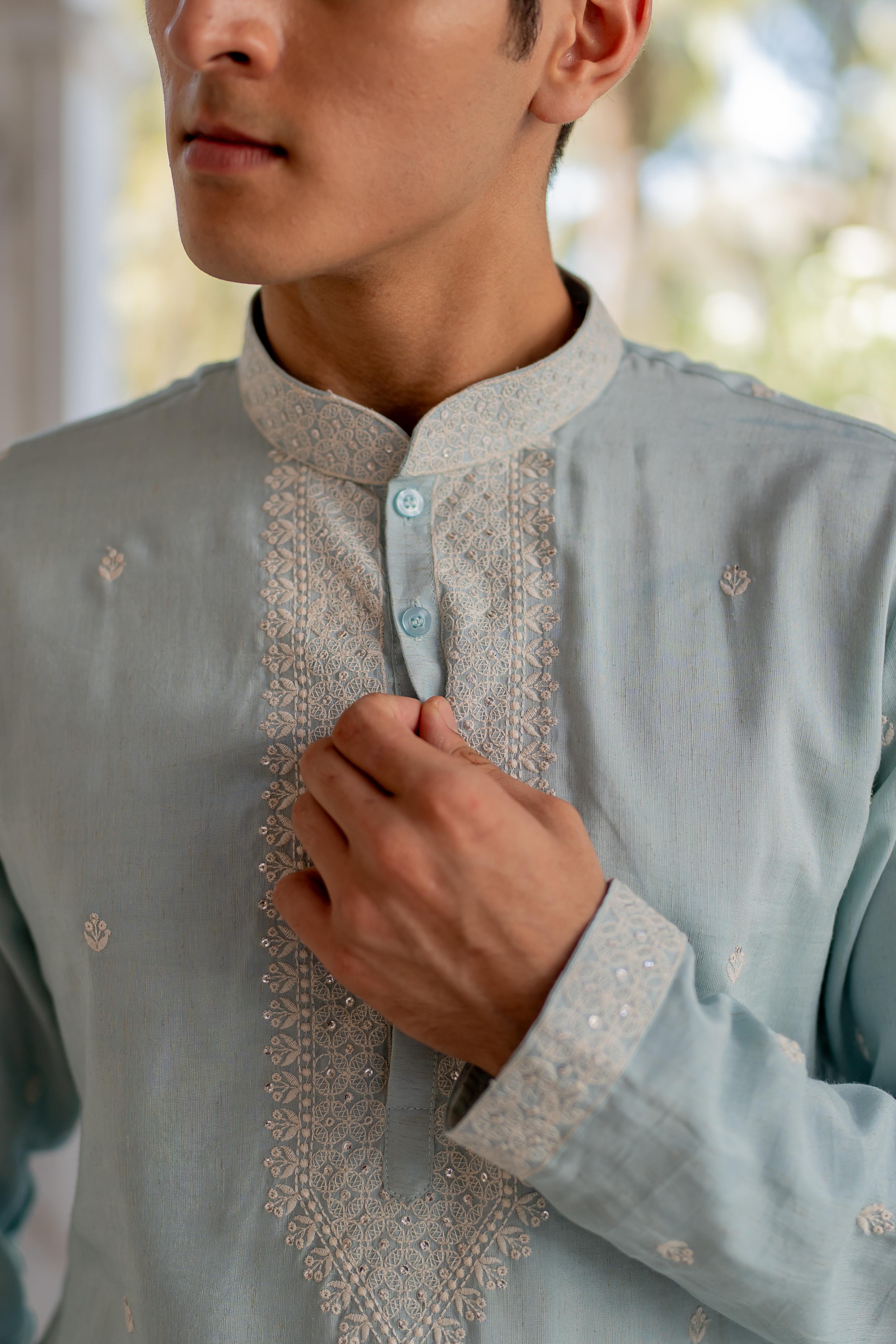 Sea Blue Embroidered Kurta with Off White Pants